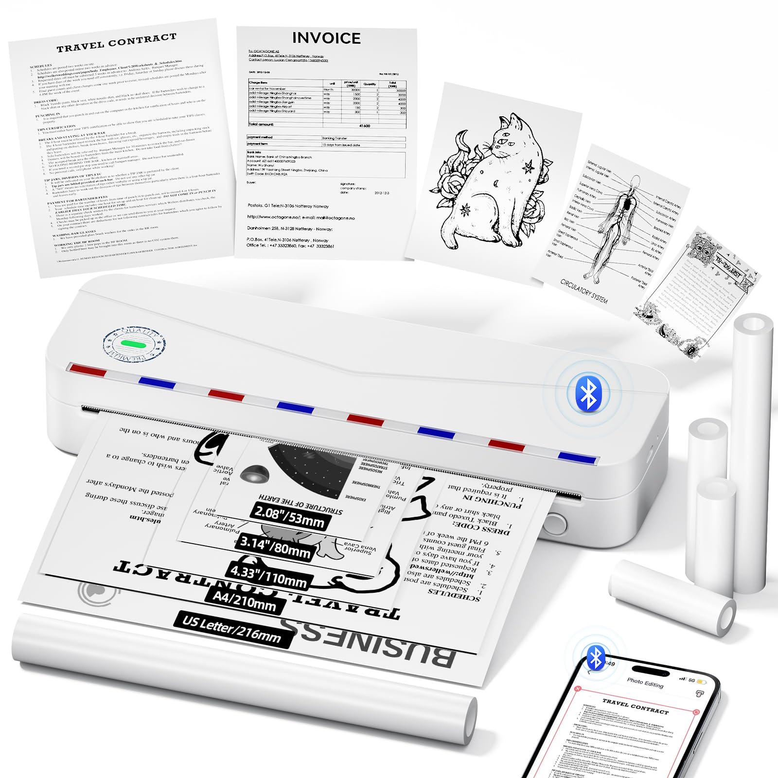 Phomemo M836 A4 Portable Thermal Printer - 300DPI Bluetooth Wireless Printer, Compatible with iOS, Android, Suitable for Travel, Office, Study, Home - White