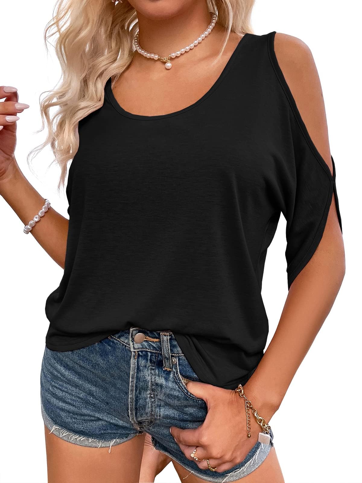 Fisoew T Shirt Damen Rundhalsausschnitt Oberteile Schulterfrei Tops Sommer Kurzärmeliges Casual Tee Shirts Bluse.Schwarz.L
