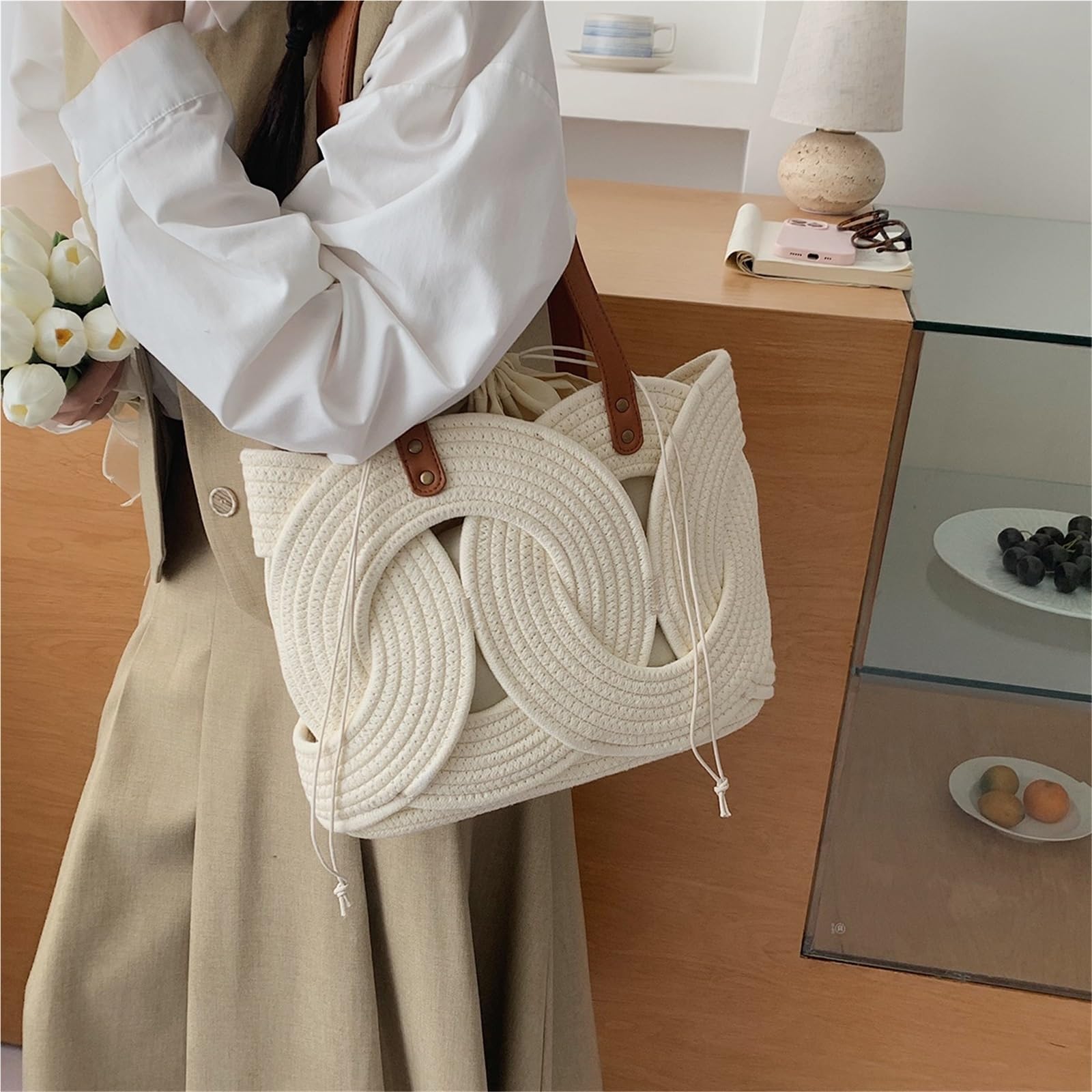 bolso mujer verano Bolsos de hombro geométricos for mujer, algodón y lino, gran capacidad, con cordón, bolso compras