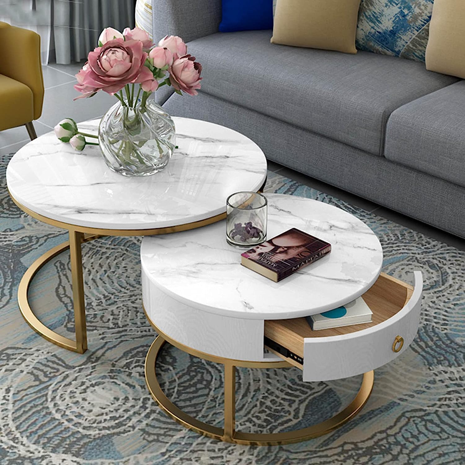 EXPRESSOW ENTERPRISES Modern Round Coffee Tables Marbled Laminated Stackable Center Table with 1 Drawer Storage for Living Room Bedroom (Golden White) (B0D7VZZJJ6) Amazon Price History, Amazon Price Tracker