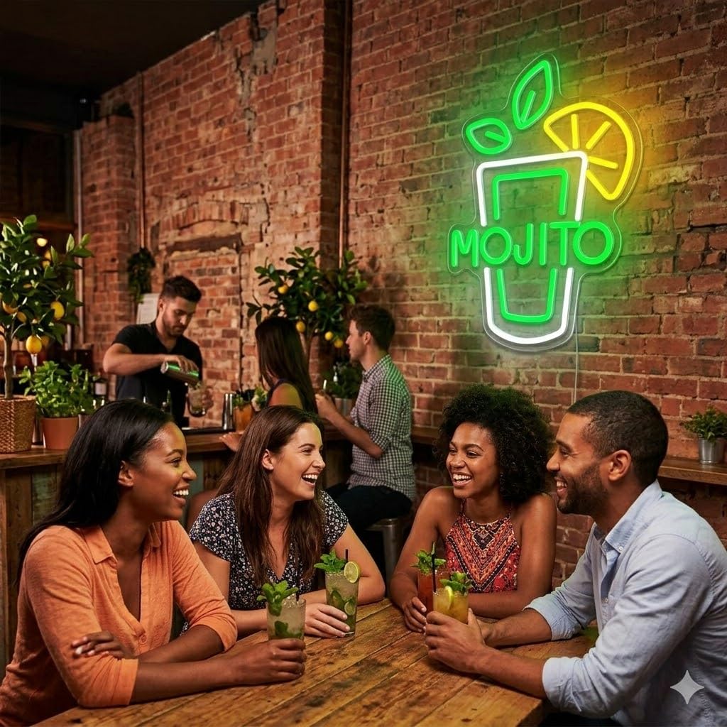 Letrero de Coctel Mojito Cartel Luminoso LED Escaparate, Decoración de Pared en Metacrilato, Luz Brillante, aproximadamente 42x32cm alimentación 12v