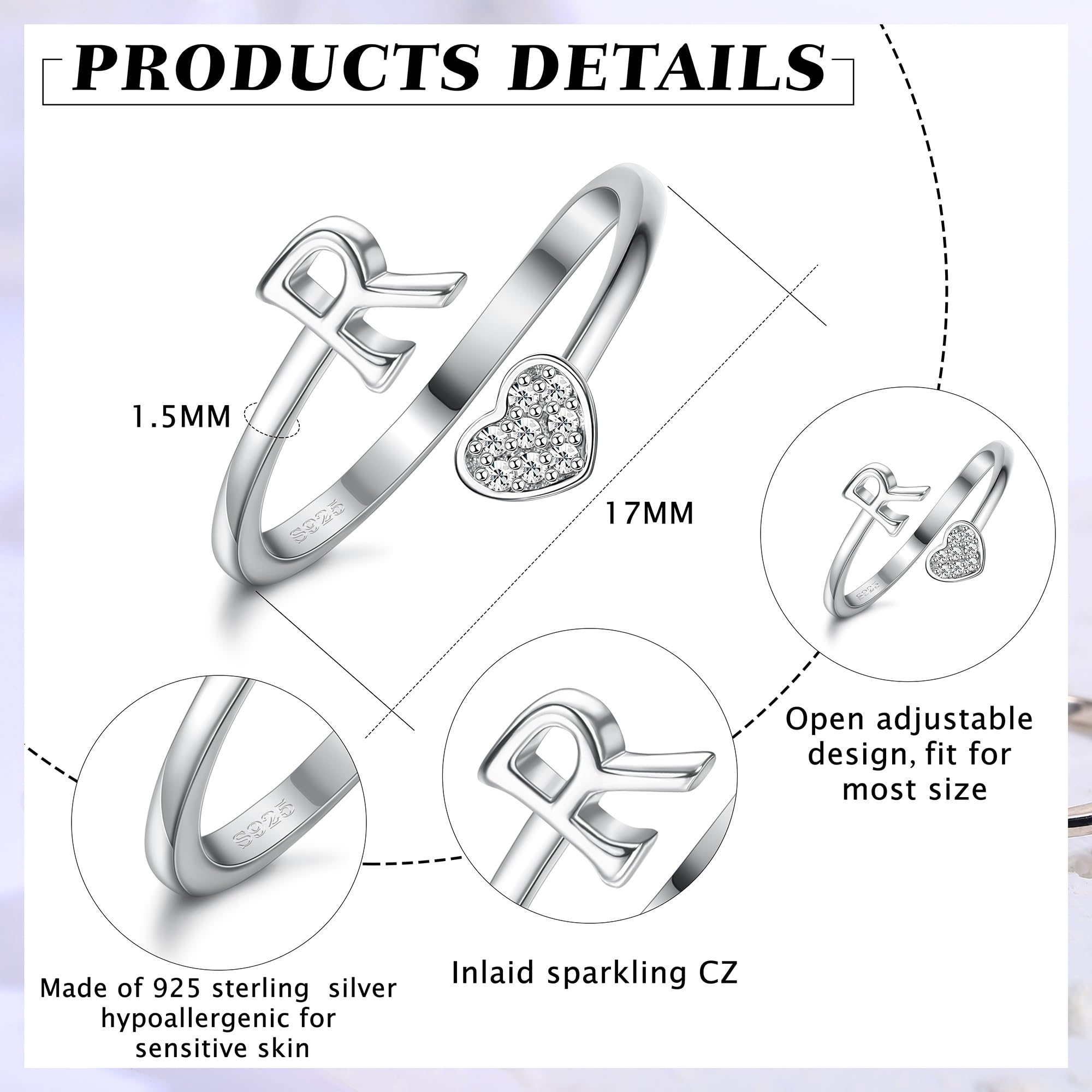 HMJGDHX Anillos de Plata de Ley 925 con Inicial de corazón para Mujeres y niñas, Anillos apilables Ajustables con Letras del Alfabeto chapados en Oro de 18 Quilates para Adolescentes