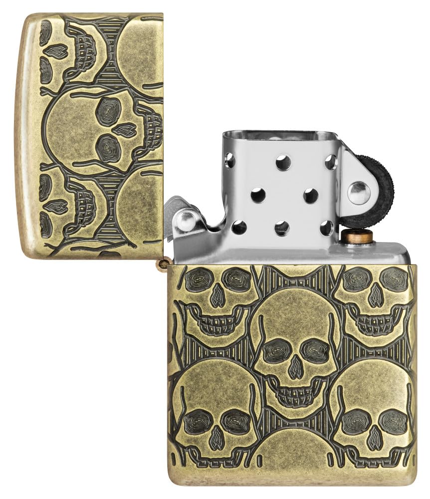 Zippo Sturmfeuerzeug - Skull, Antique Brass, MultiCut - Nachfüllbar - Wiederverwendbar - Windfestes Design - Geschenkbox - Made in USA