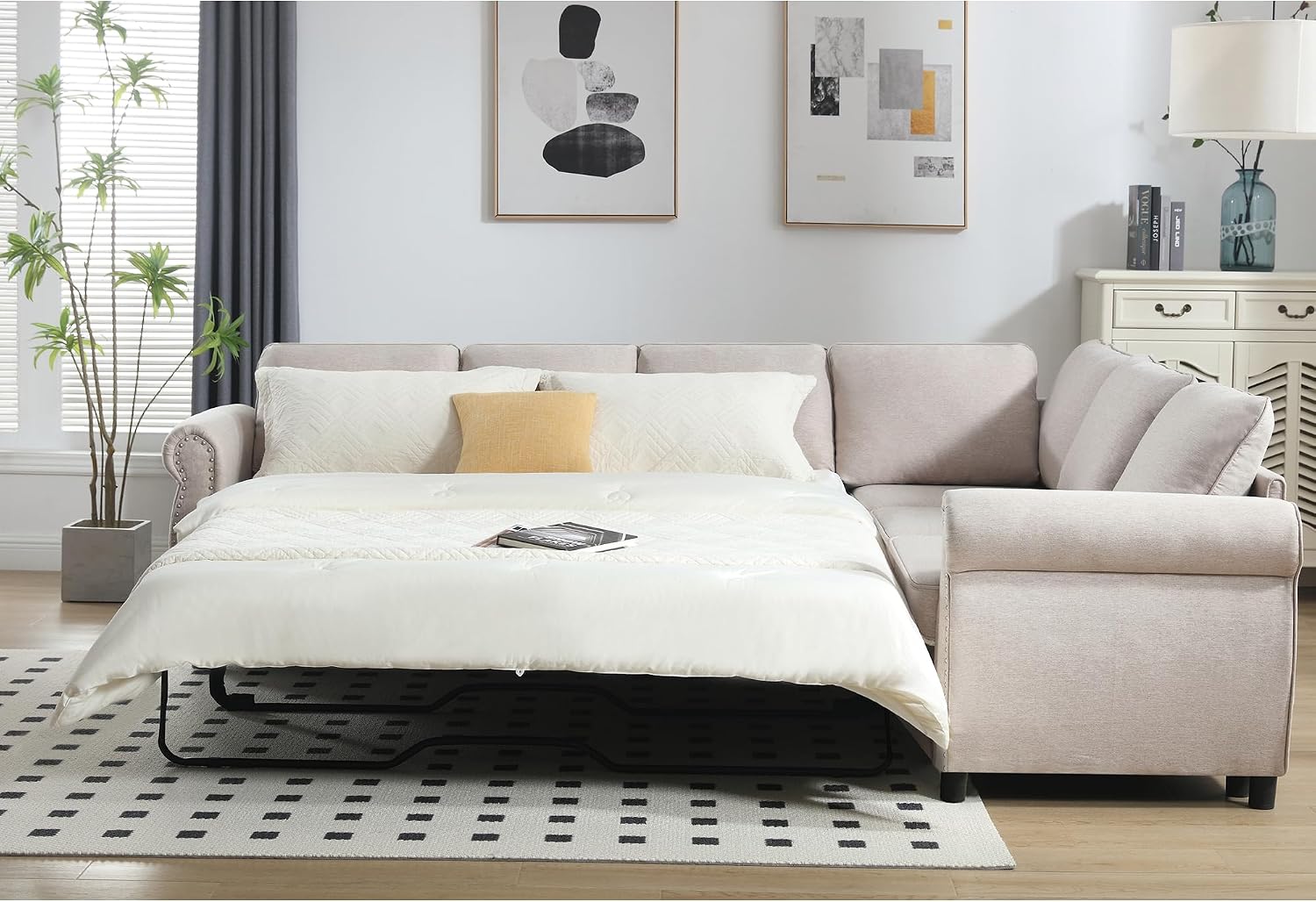 TTK 104" L-Shaped Convertible Sectional Sofa Bed, 6-Seater with Pull Out Queen Size Daybed, Memory Foam Mattress & Arms, Easy Assembly Riveted Sofa for Living Room, Beige