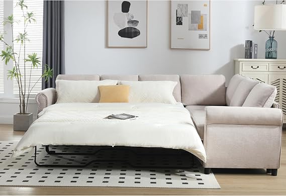 TTK 104 L-Shaped Convertible Sectional Sofa Bed, 6-Seater with Pull Out Queen Size Daybed, Memory Foam Mattress & Arms, Easy Assembly Riveted Sofa for Living Room, Beige