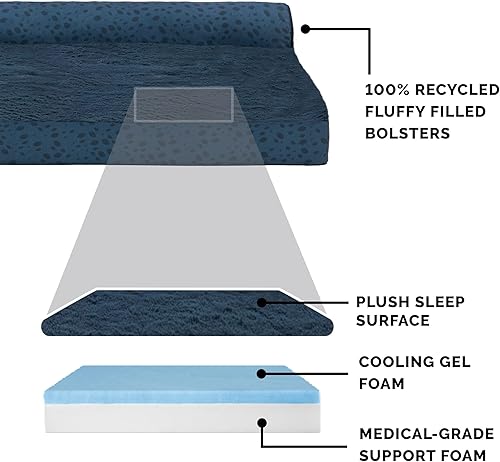 Miniatura 4 de Furhaven - Cama para perro de espuma de gel refrescante, estilo diván en forma de L, de felpa y estampado de almendras, almendras azules, talla