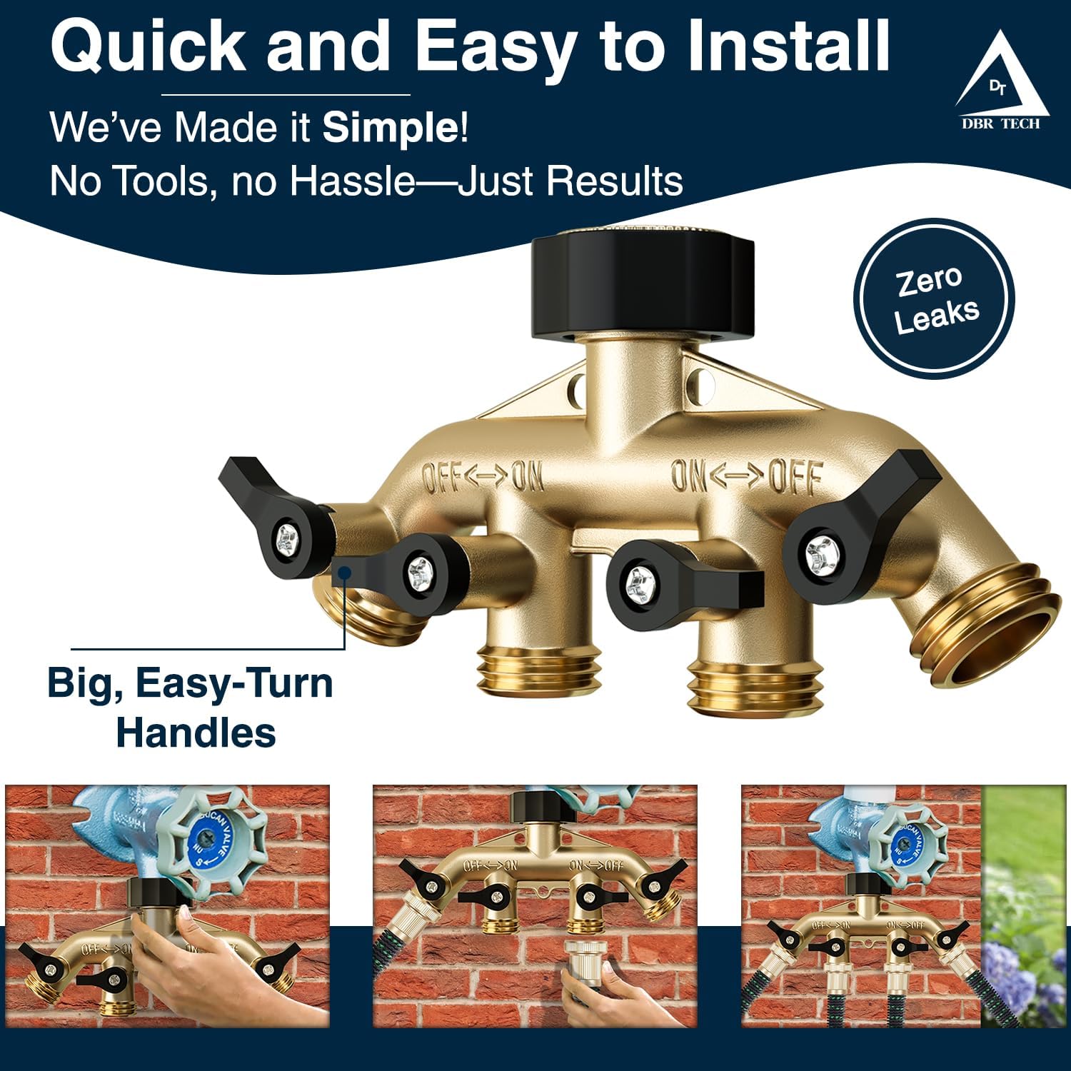 DBR Tech® Heavy Duty 4 Way Hose Splitter (Premium Brass for Superior Durability), Wye Garden Hoses Connector for Water Spigot Faucet Bib Tap, Y Adapter, Rust-Resistant Finish