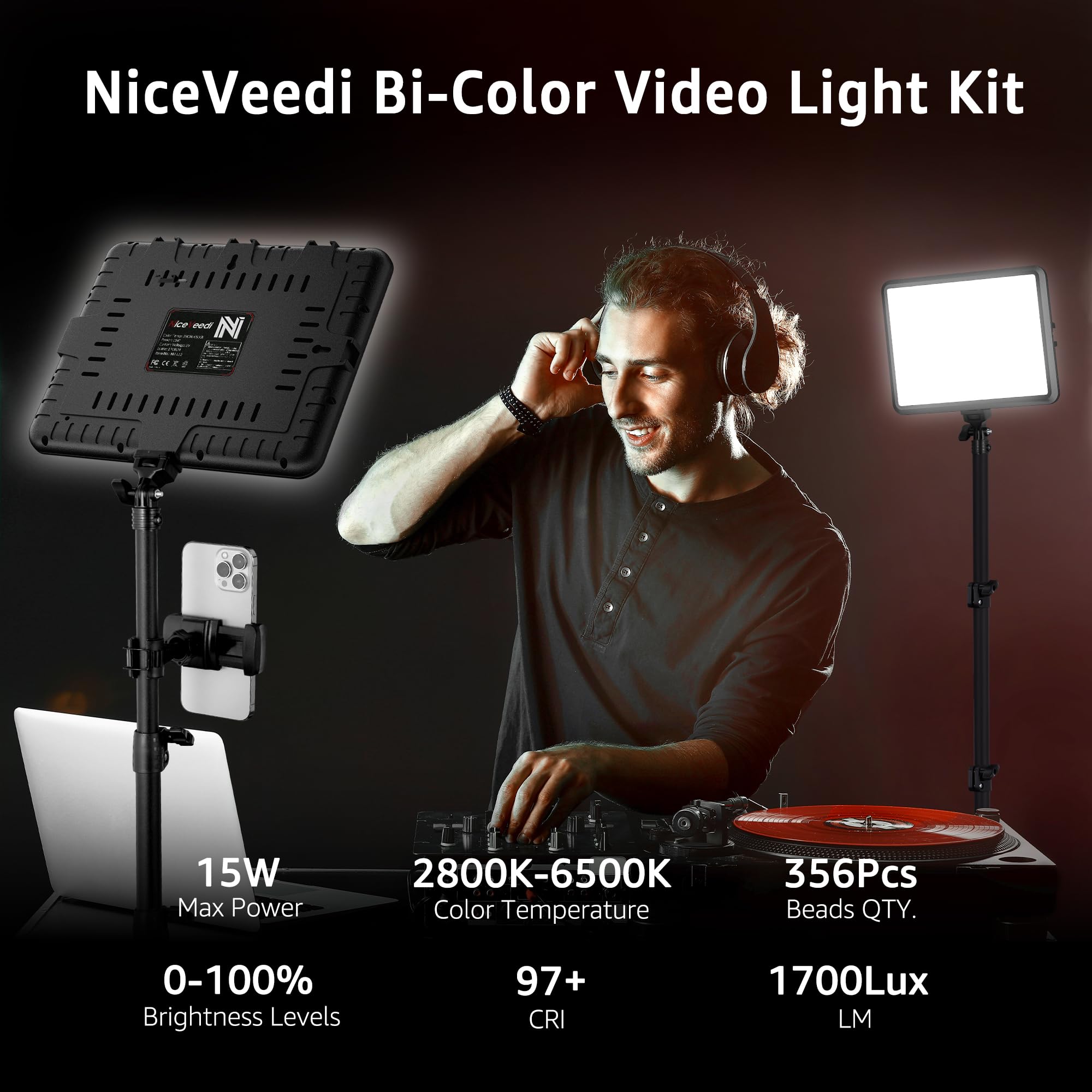 NiceVeedi 1-Pack Photography Lighting Kit, 2800-6500K Bi-Color LED Video Light Kit, Dimmable Studio Light with Tripod Stand & Phone Holder, Light for Video Recording, Game Streaming, YouTube: 15W-1 Pack (USB-C Adapter)