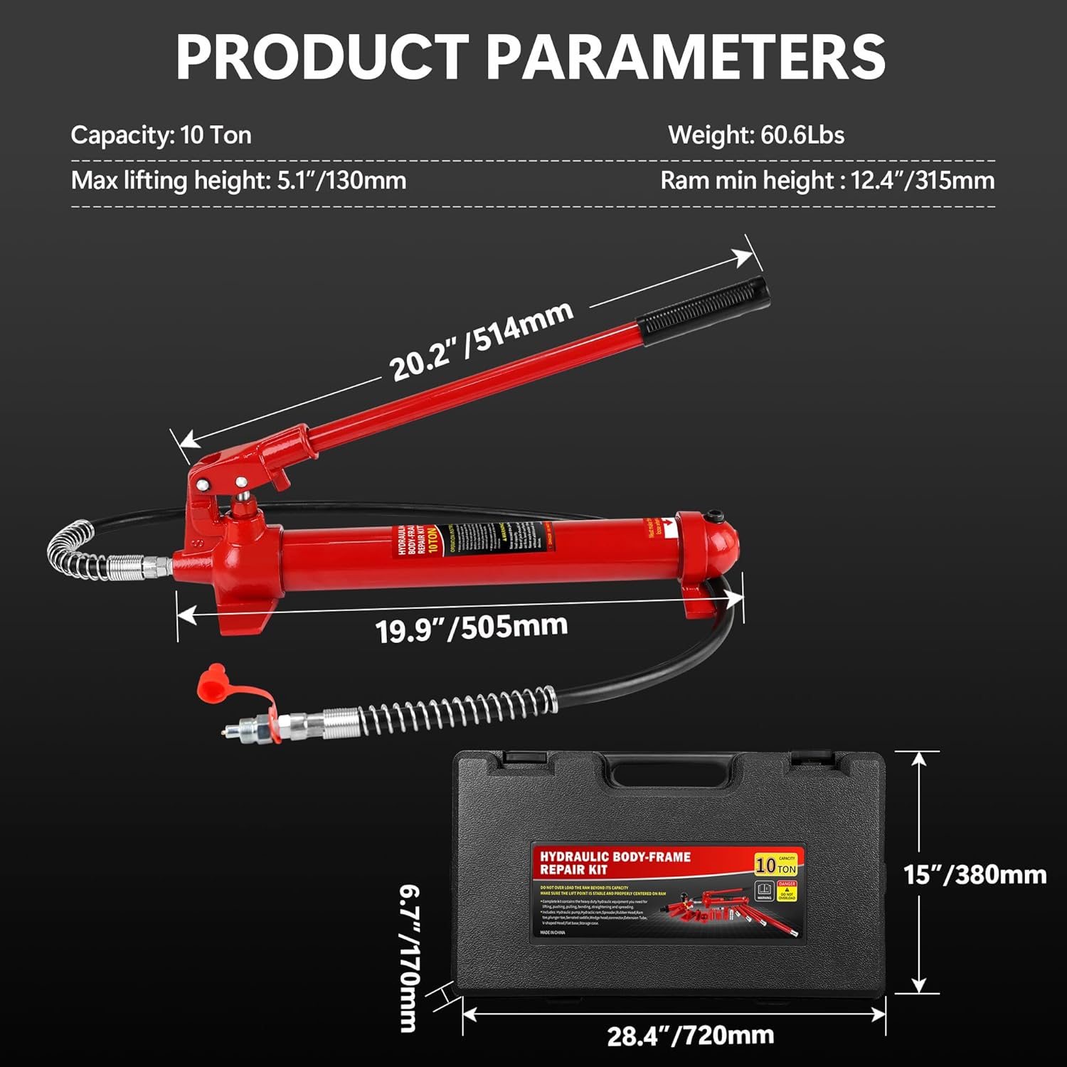 10 Ton Porta Power Kit, Portable Hydraulic Jack with 4.7 ft/1.43 m Oil Hose, 17 Pcs Hydraulic Ram, 20000 Lbs Capacity, Max Lifting Height 5.1" / 130mm, Ram min Height 12.4" / 315mm