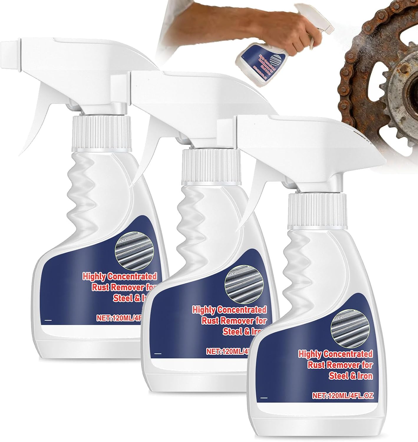 Highly Concentrated Steel Rust Remover for Metals, 120ML/4FL.OZ Multipurpose Rust Remover Spray for Metal, Tools, Cars, Chains, Quick-Acting (3PCS)
