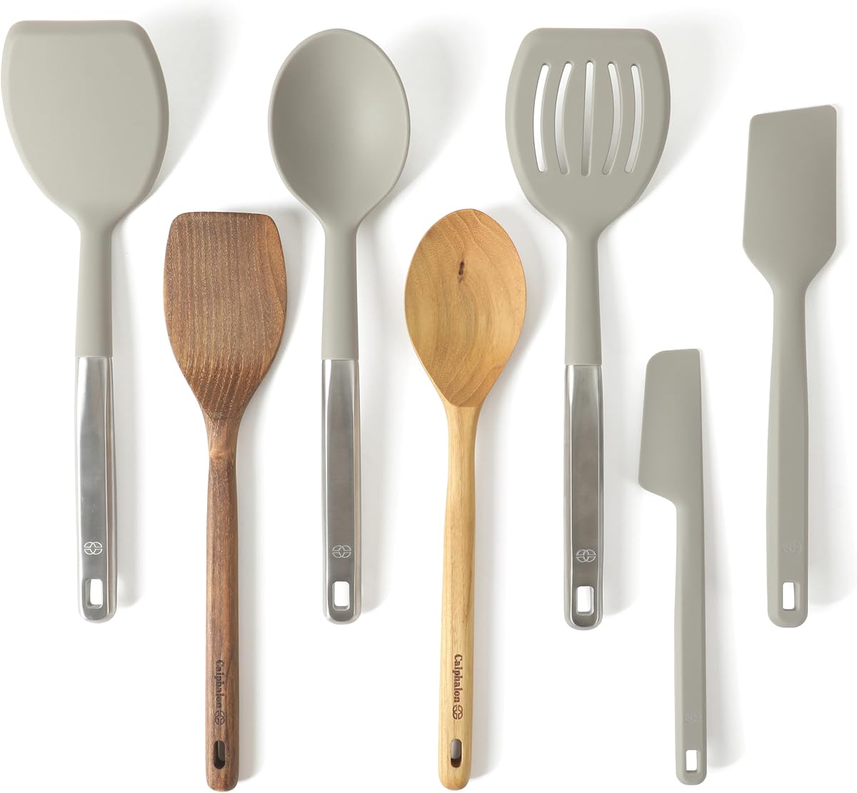 Prime Juego de Herramientas de Cocina de Silicona y Madera de Teca de 7 Piezas, Juego de Utensilios de Cocina de Acero Inoxidable, Juego de Cuchara y espátula de Cocina, Juego de Utensilios de Cocina Antideslizantes Resistentes al Calor - Taupe