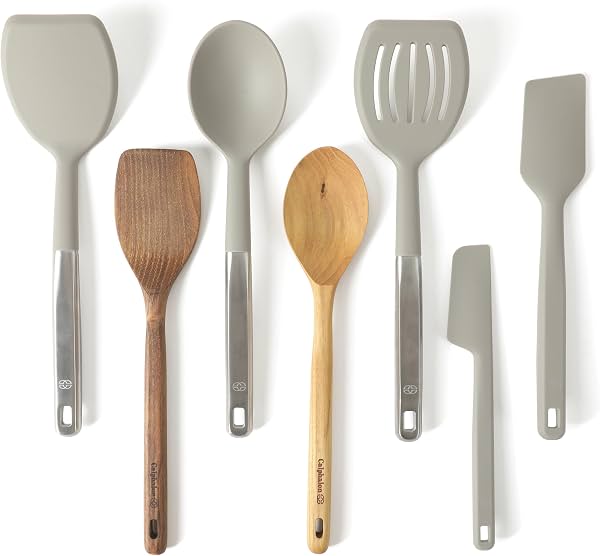 Set de herramientas de cocina Calphalon Prime de 7 piezas de silicona y madera de teca, set de utensilios de cocina de acero inoxidable, set de cucharas y espátulas de cocina, gadgets de cocina resistentes al calor y antideslizantes - taupe