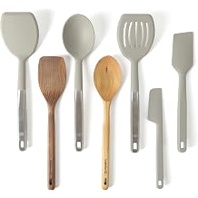 Calphalon Prime 7-Piece Silicone and Teak Wood Kitchen Tool Set, Stainless Steel Kitchen Utensil Set, Kitchen Spoon And Spatula Set, Heat Resistant Non-Slip Kitchen Gadgets Set - Taupe