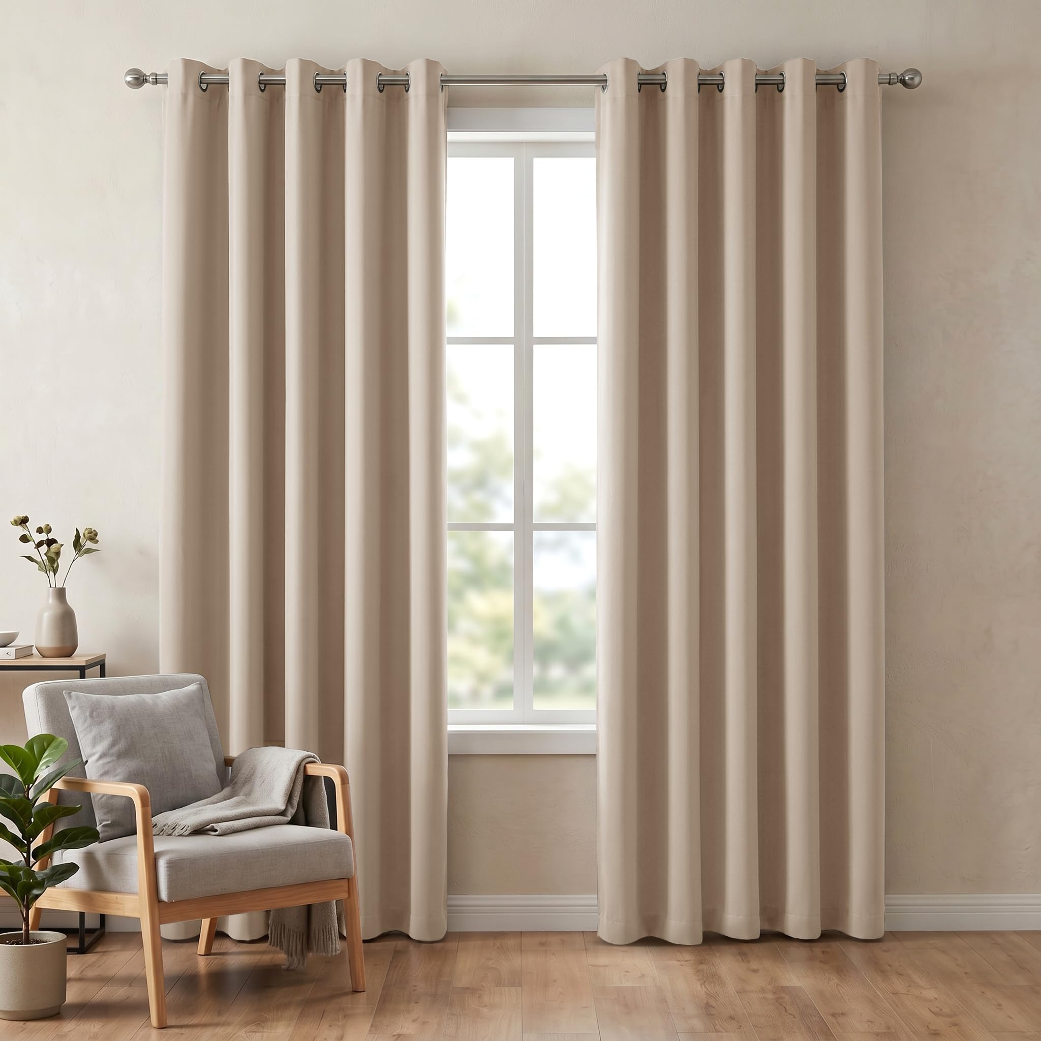 Oxford Homeware Blackout Curtains for Bedroom 66x90 Inch Beige Eyelet Curtains for Bedroom Privacy Protection Thermal Curtains 2 Panels with Matching Tiebacks