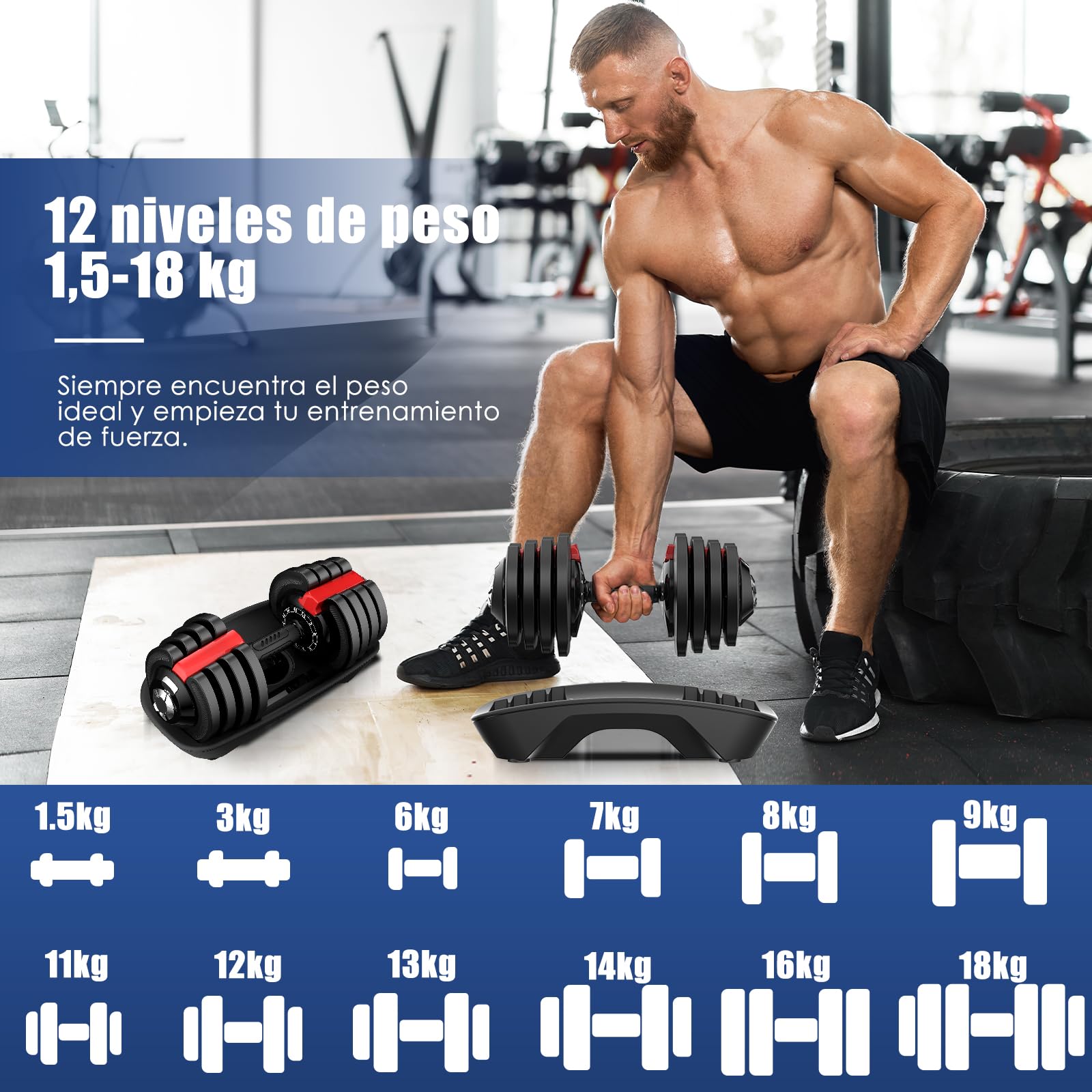 DH FitLife Mancuernas Ajustables 18kg con Base de Almacenamiento, Juego de Pesas Compactas 12 en 1 para Culturismo y Entrenamiento - Diseño Ahorra Espacio, para Hombre y Mujer