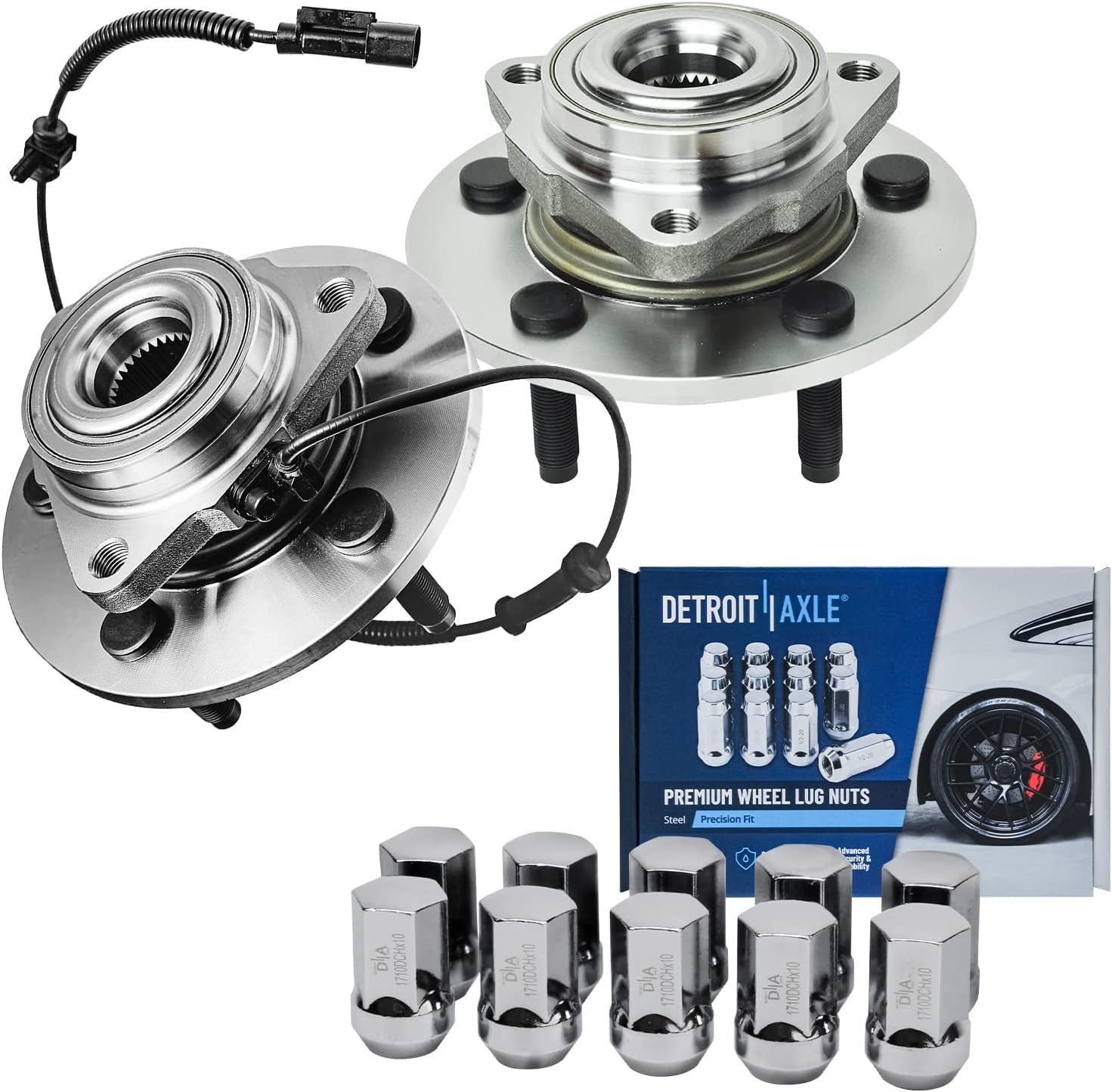Detroit Axle - Front Wheel Bearing Hubs Kit for 2006 2007 2008 Dodge Ram 1500 [5 Lugs], 2 Wheel Bearing Hubs Assembly 10 Chrome Wheel Lug Nuts Replacement