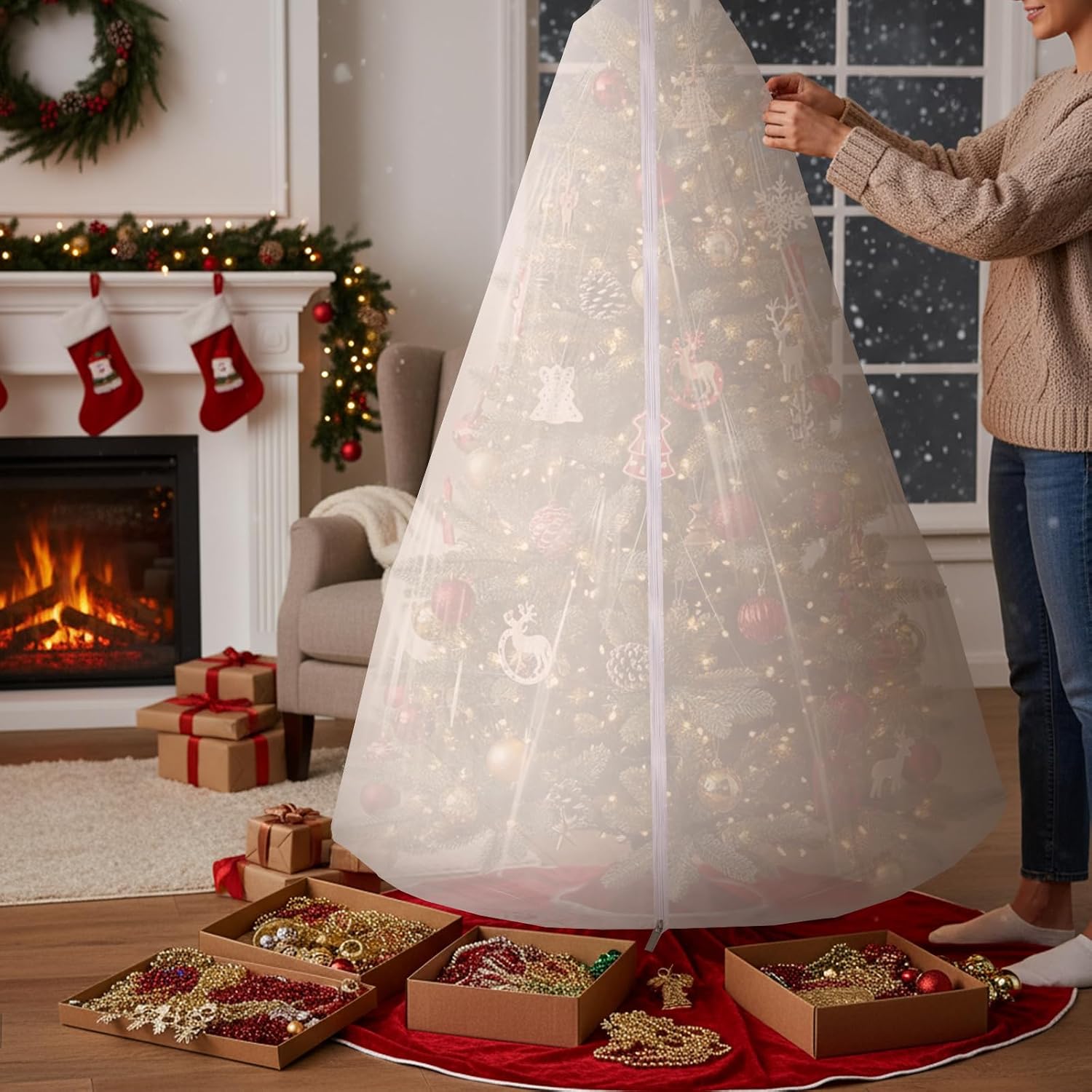 Amylove 9.84 ft Upright Christmas Tree Storage Bag White Extra Large Jumbo Christmas Tree Removal Disposal Bag with Zipper Drawstring Waterproof Tear Proof Upright Cover for Xmas Daily Home Storage