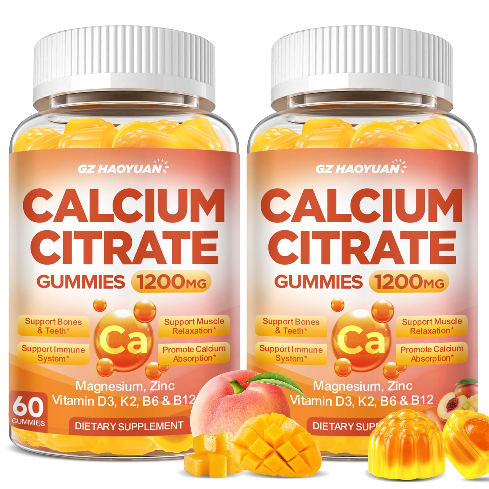 Calcium Citrate Gummies - 1200mg Calcium Gummies Supplements for Women & Men with Vitamin D3, K2, Magnesium, Zinc High Absorption for Muscle & Immune Support, Peach & Mango Flavor, 120 Count Peach & Mango 60 Count (Pack of 2)