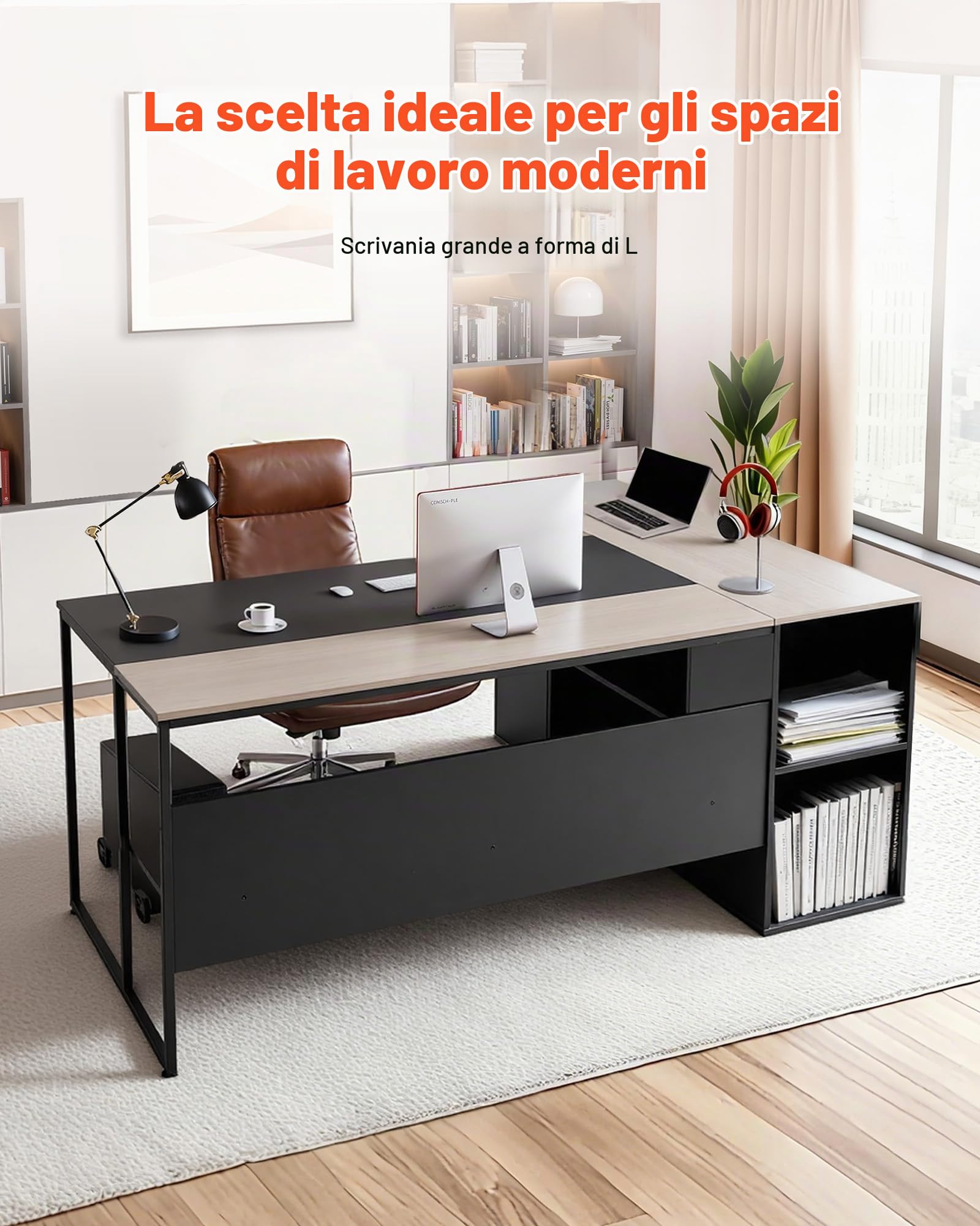 VEVOR Scrivania Direzionale a L, Ampia Scrivania in Legno Moderna per Ufficio con Cassetti, Mobiletto Portaoggetti e Supporto per CPU, Capacità di Carico di 158,7 kg, per Computer per Lavoro, Studio