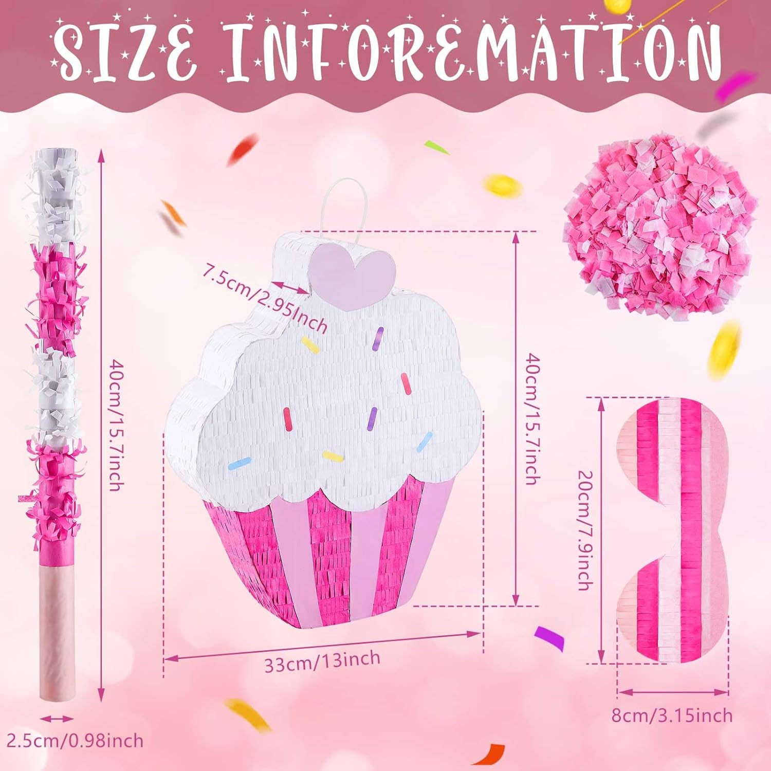 Sosation 15.7" Cupcake Piñata for Birthday Party Supplies with Stick, Blindfold and Confetti for Kids Girls Baby Shower Candy Donut Ice Cream Piñata Party Supplies Party Decoration Prop(Cute)