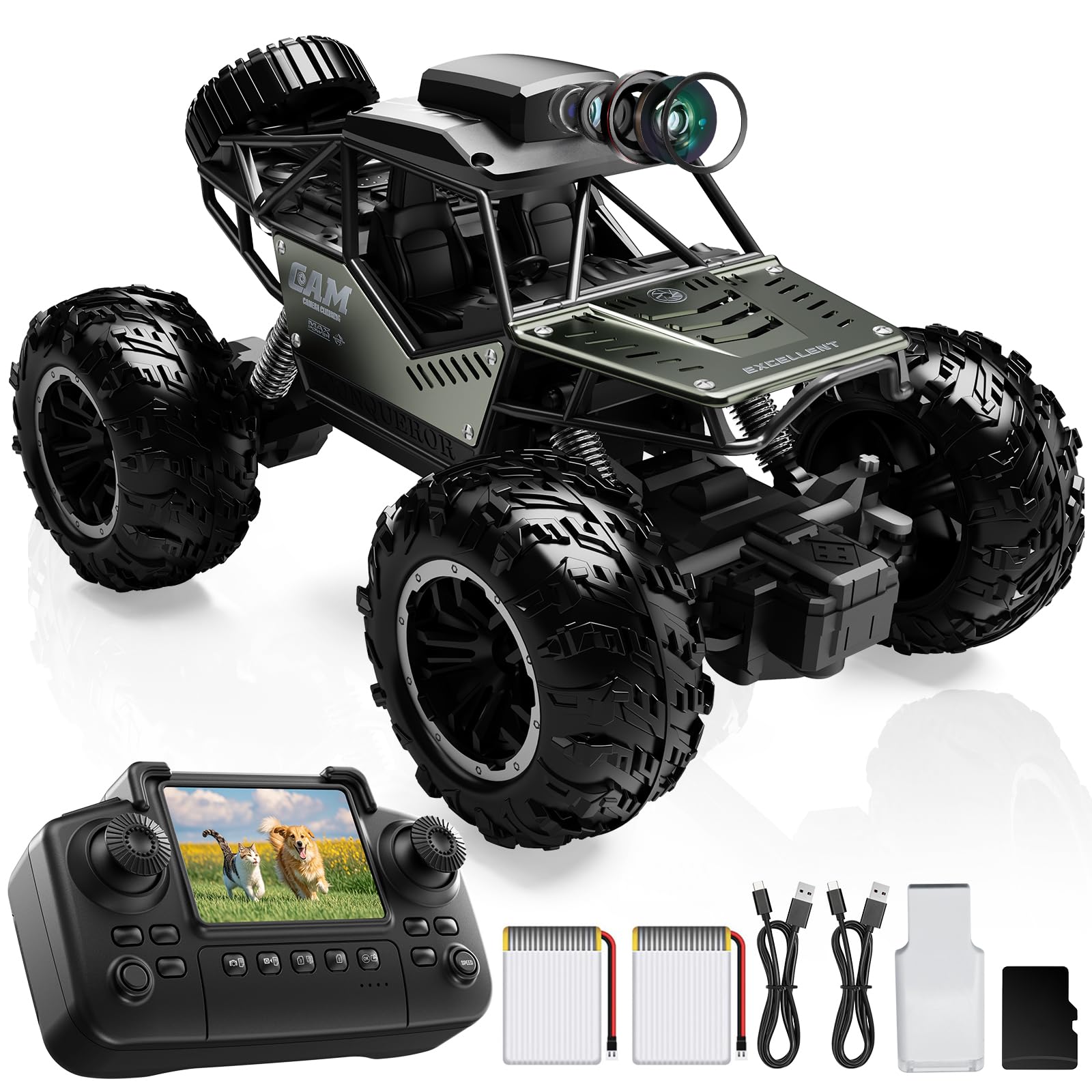 FPV Remote Control Car with Camera for Adults Kids,1:18 RC Monster Truck,Off Road RC Car,HD Screen,two batteries (40-minute battery life),Live Video,alloy body,Great Birthday Toy Gifts for Boy