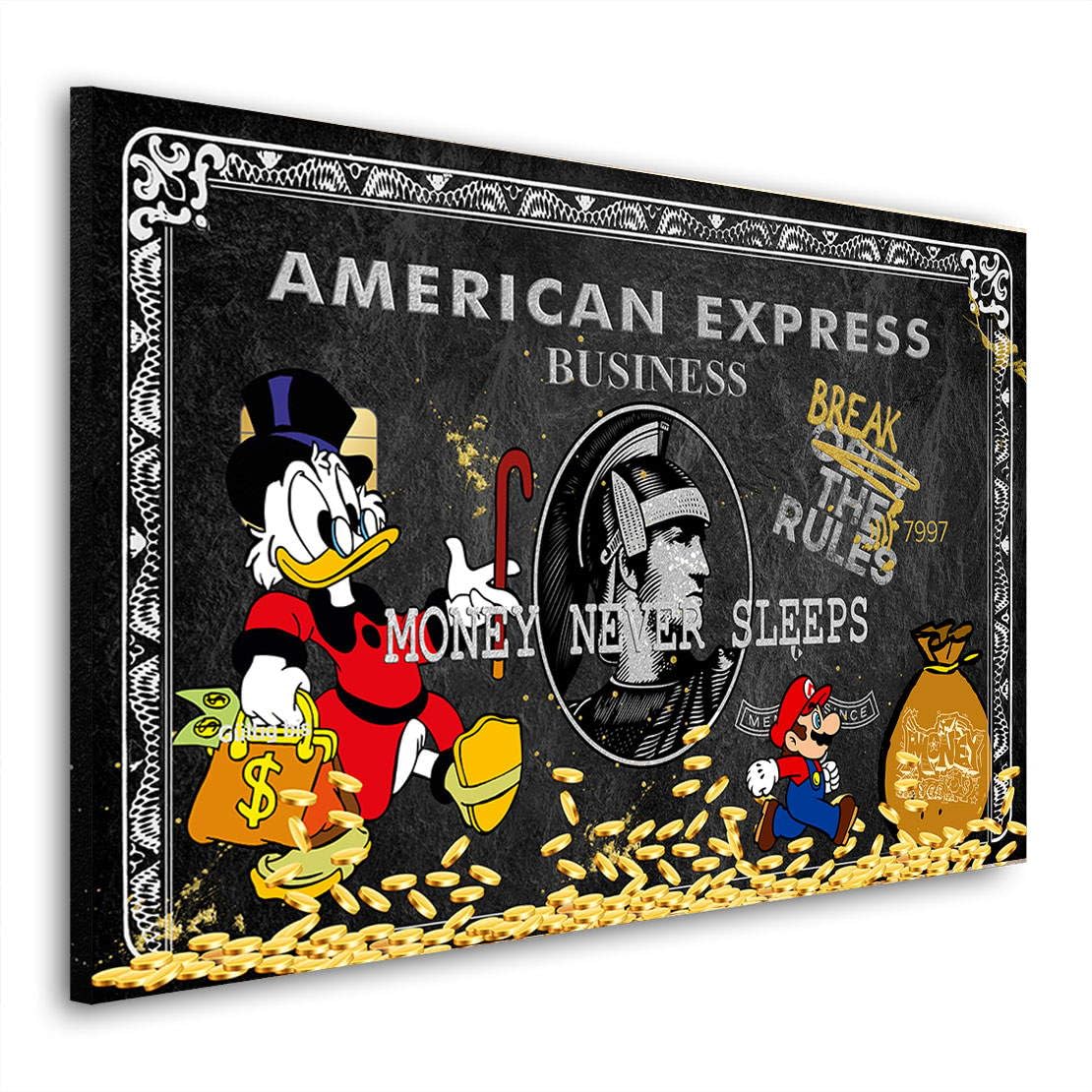 Kunstgestalten24 | Amex Pop Art Wandbild auf Leinwand mit Dagobert & Mario – Street Art Motiv mit „Money Never Sleeps“ Schriftzug – Luxus Deko für Büro, Wohnzimmer | 120x80cm, 2cm Rahmentiefe