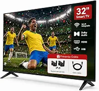 Smart TV 32” Wi-Fi 6 dual band 2.4/5G, Bluetooth, assistente de voz nativo. Tela ADS HD 1366x768. 2 HDMI 2.0 + 2 USB. Apps de streaming populares do Brasil pré-instalados.