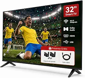 Smart TV 32” Wi-Fi 6 dual band 2.4/5G, Bluetooth, assistente de voz nativo. Tela ADS HD 1366x768. 2 HDMI 2.0 + 2 USB. Apps de streaming populares do Brasil pré-instalados.