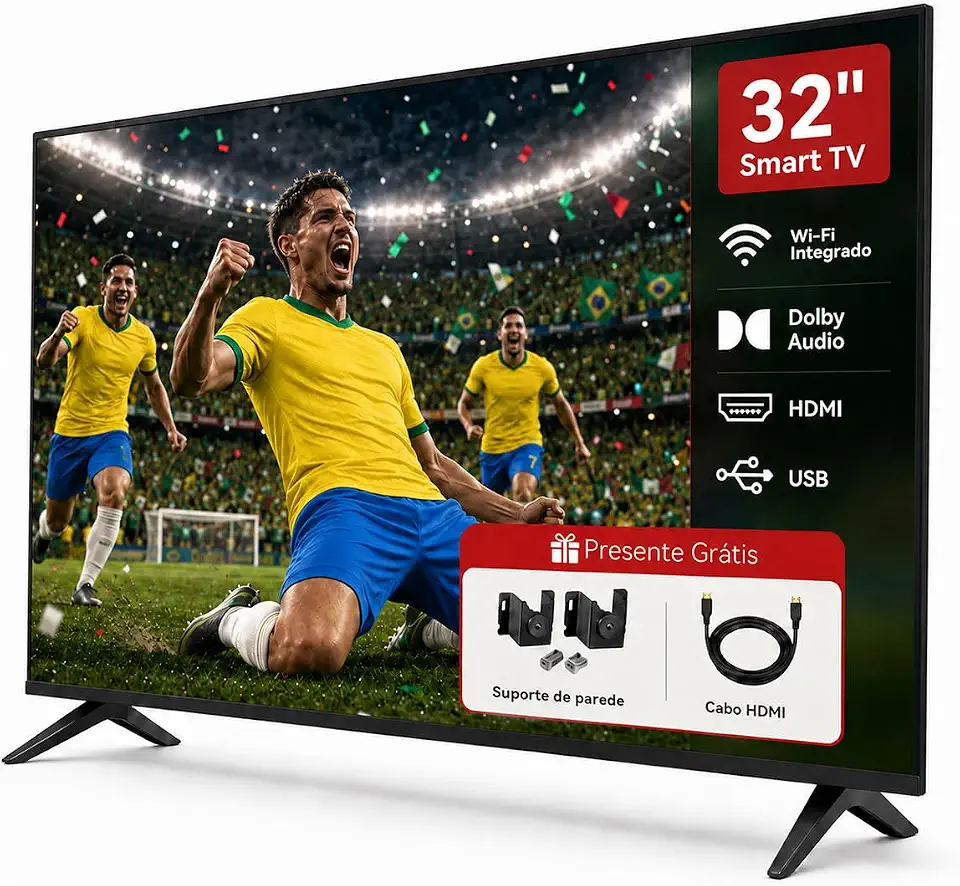 Smart TV 32” Wi-Fi 6 dual band 2.4/5G, Bluetooth, assistente de voz nativo. Tela ADS HD 1366x768. 2 HDMI 2.0 + 2 USB. Apps de streaming populares do Brasil pré-instalados.