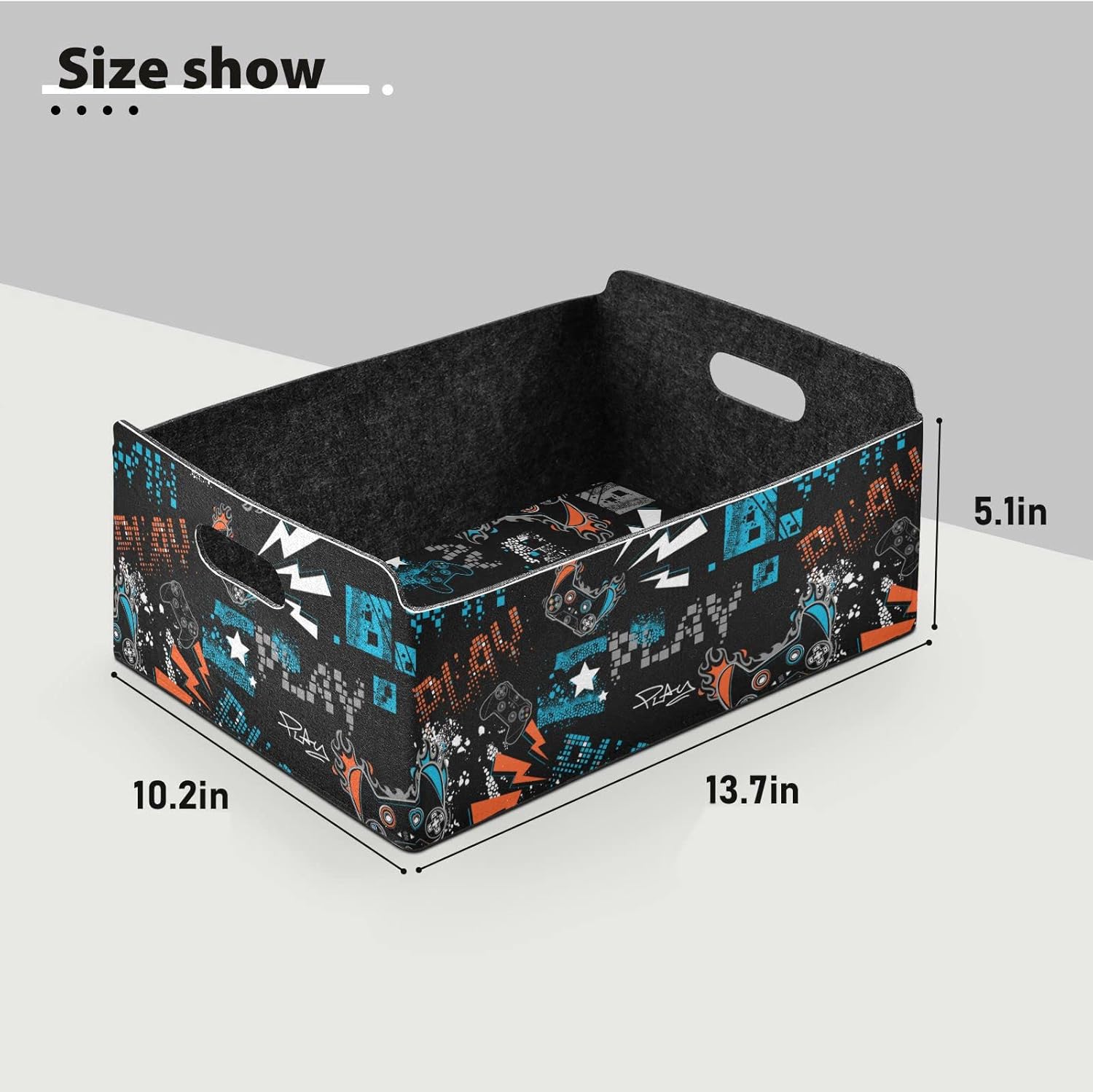 CaTaKu Foldable Storage Basket Gamer Cute Black Collapsible Felt Storage Bins with Handle Drawer Organizer Bin Cube Shelf Box for Organizing Closet Clothes Office Books Bedroom