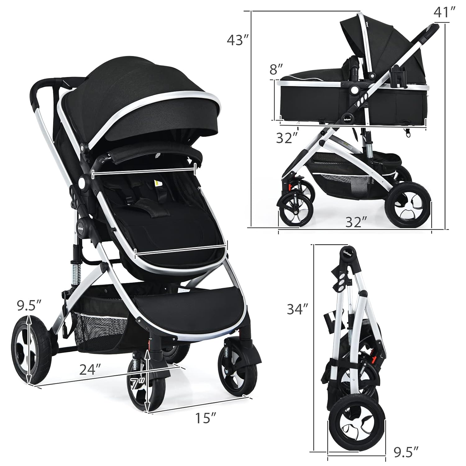 INFANS Baby Stroller for Newborn, 2 in 1 High Landscape Convertible Reversible Bassinet Pram for Infant & Toddler, Foldable Aluminum Alloy Pushchair with Adjustable Backrest, 3D Suspension（Black