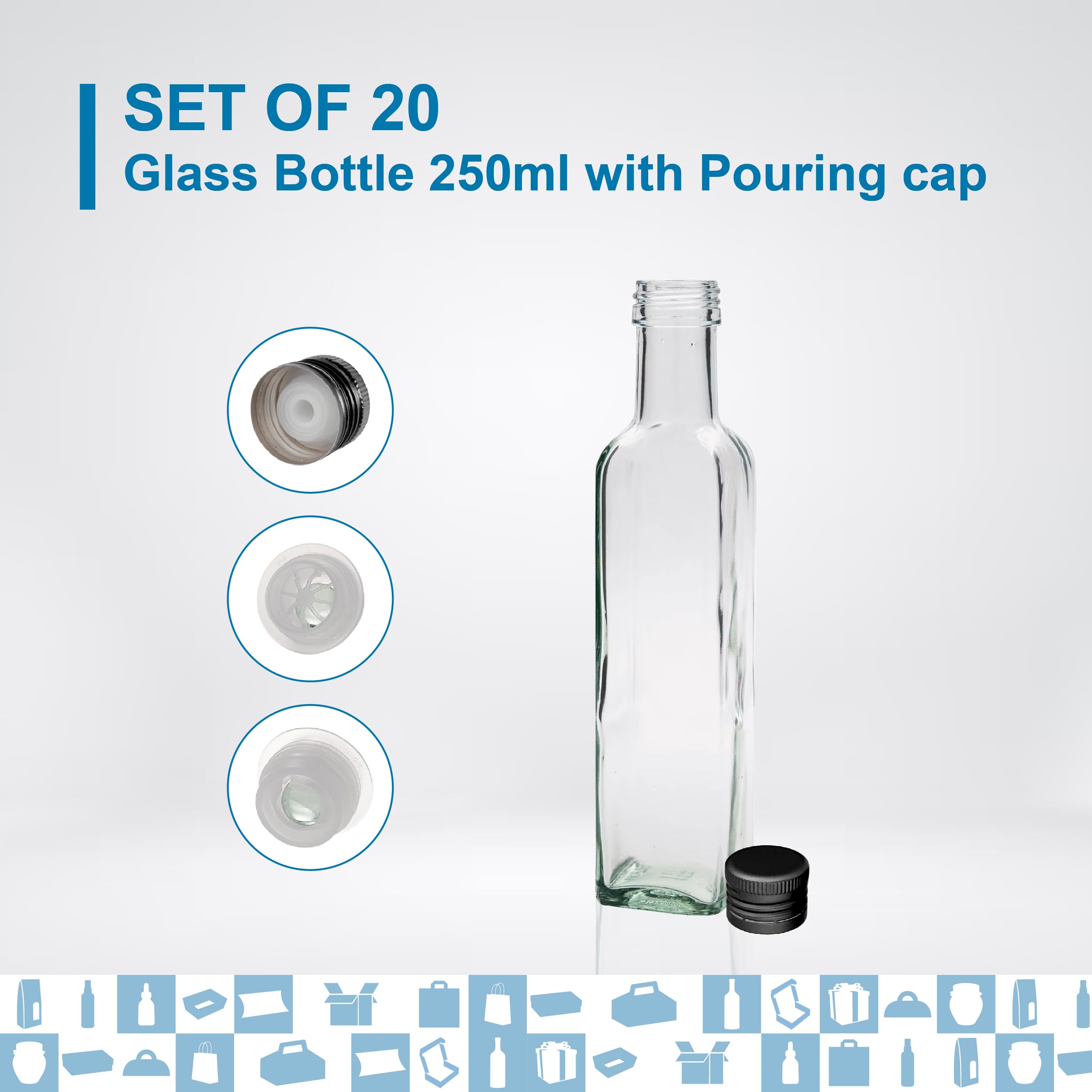 Espirito Rebelde 20 Bouteilles en Verre 250ml avec Bouchon a Vis Noir avec Bec Verseur | Huile d'Olive, Vinaigre, Alcool, Sauces | Huilier en Verre