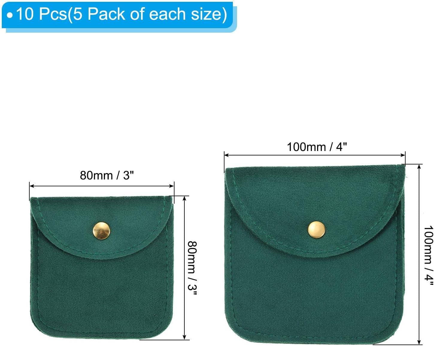 PATIKIL Jewelry Pouch, 10 Pack Soft Velvet Pouches with Snap Button Portable Storage for Rings Necklace Bracelet Earring Watch, Dark Green(3x3, 4x4)