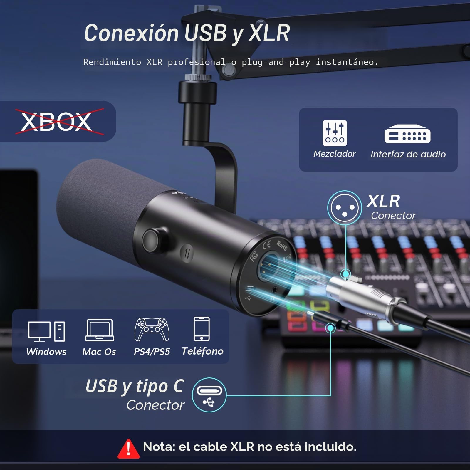 TONOR USB/XLR Microfono Dinámico para Juegos, PC Micrófono Cardioide de Estudio con Brazo Soporte para Podcasting, Streaming, Conector para Auriculares de 3,5 mm y Botón de Silencio, TD510 Air H+