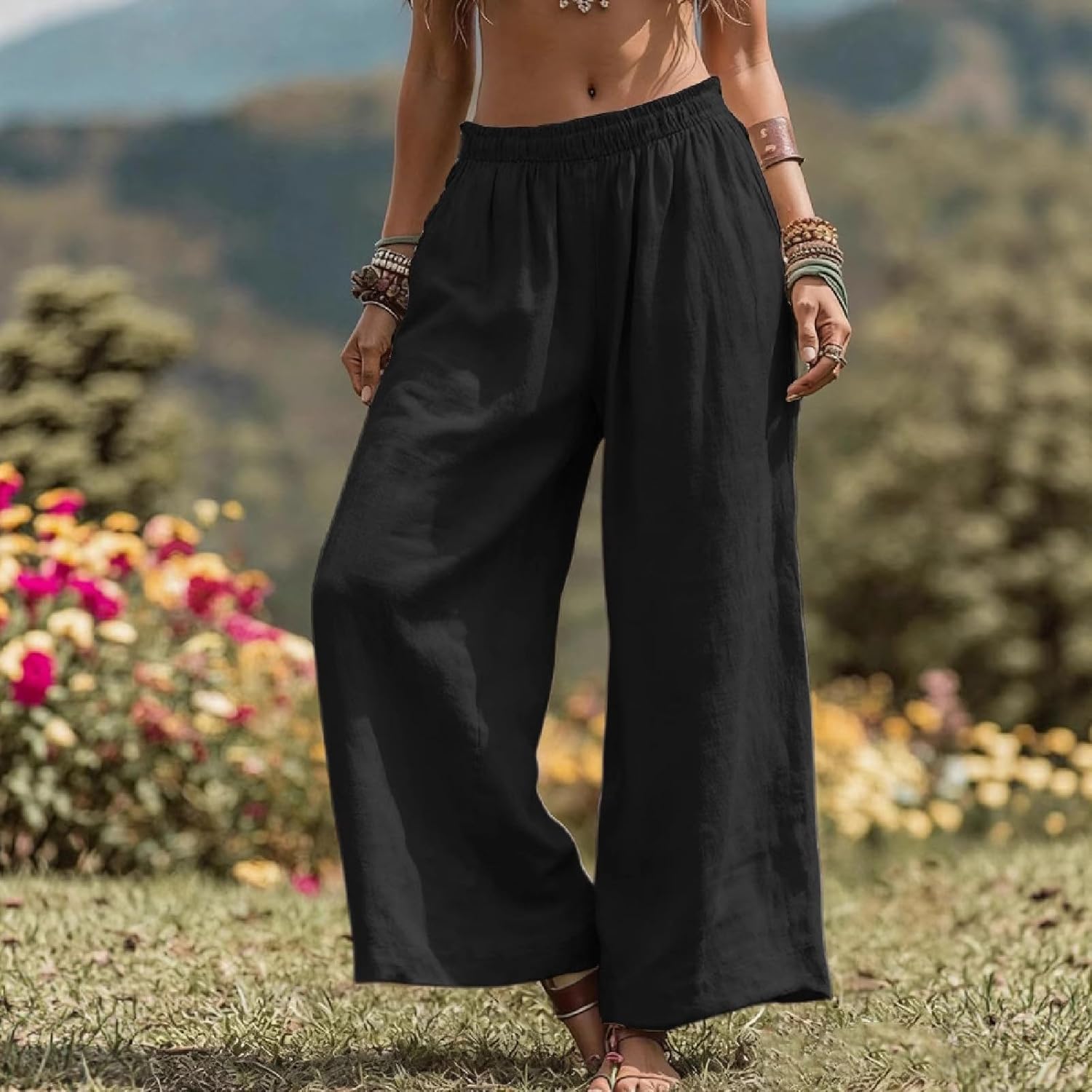 Pants for Women Elastic Waist Comfy Pants Casual High Waisted Palazzo Pant Flowy Straight Leg Pant with Pockets