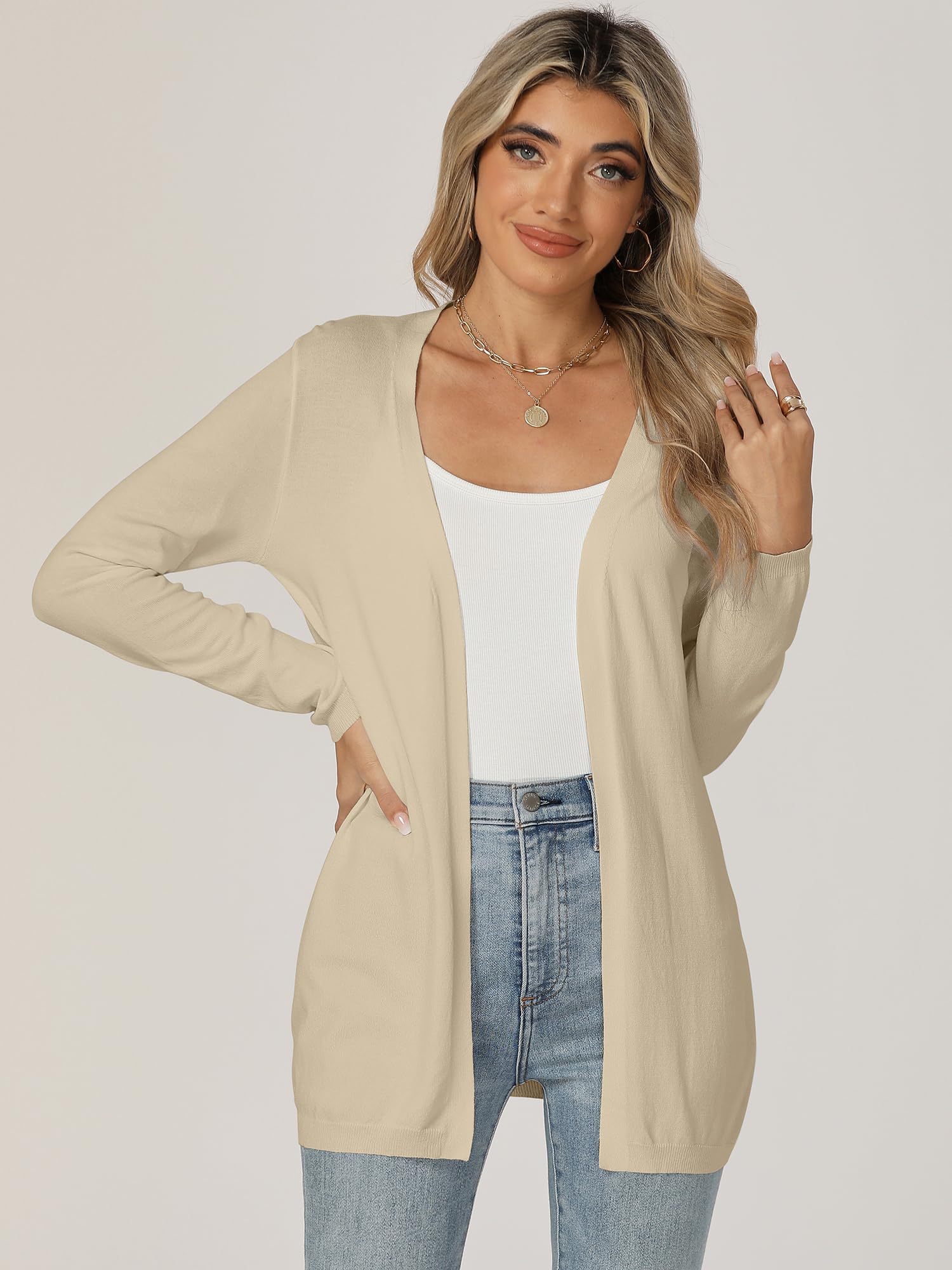 Cardigan Donna Maglia Maniche Lunghe Elegante Lungo Leggero Aperto Giacca Tinta Unita Estivo Primavera