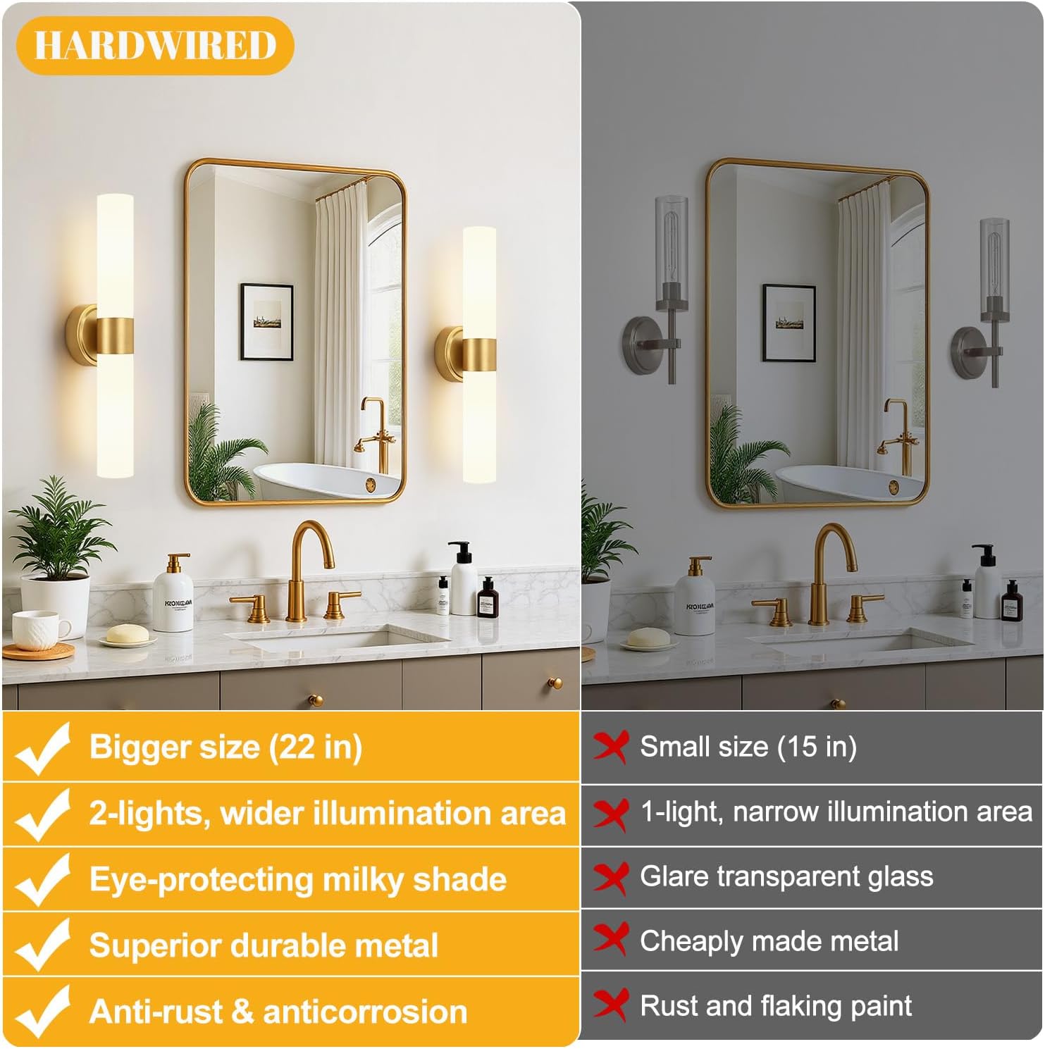 Wall Sconces Set of Two, Modern Bathroom Sconces Wall Lighting with Milky White Glass, Brushed Gold Sconces Wall Decor Set of 2 for Bathroom Mirror Bedroom Living Room Hallway (HARDWIRED)
