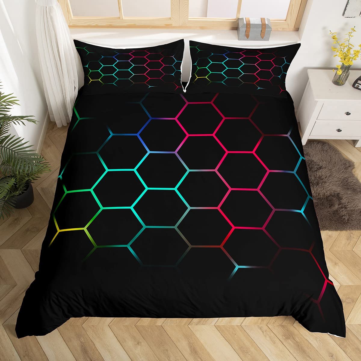 Couvre-lit housse 3 pièces nid d'abeille bleu jaune rouge doux
