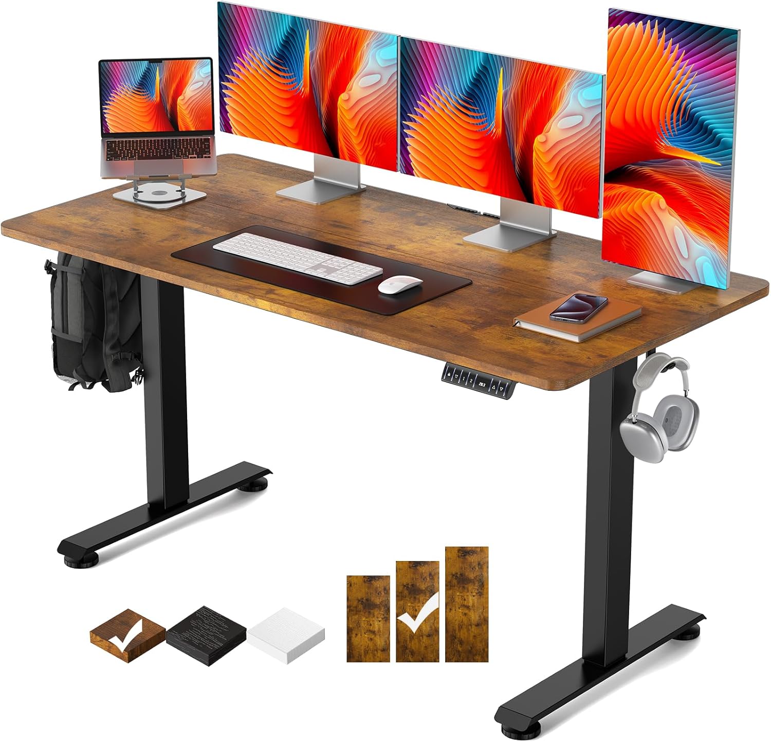 Veken 55 Inch Electric Standing Desk, Height Adjustable Sit Stand Up, Wood Desktop, Work Home Office Computer PC Table, Tall Standup Workstation, Writing Study Rising Desks, Brown 55 Inch Brown