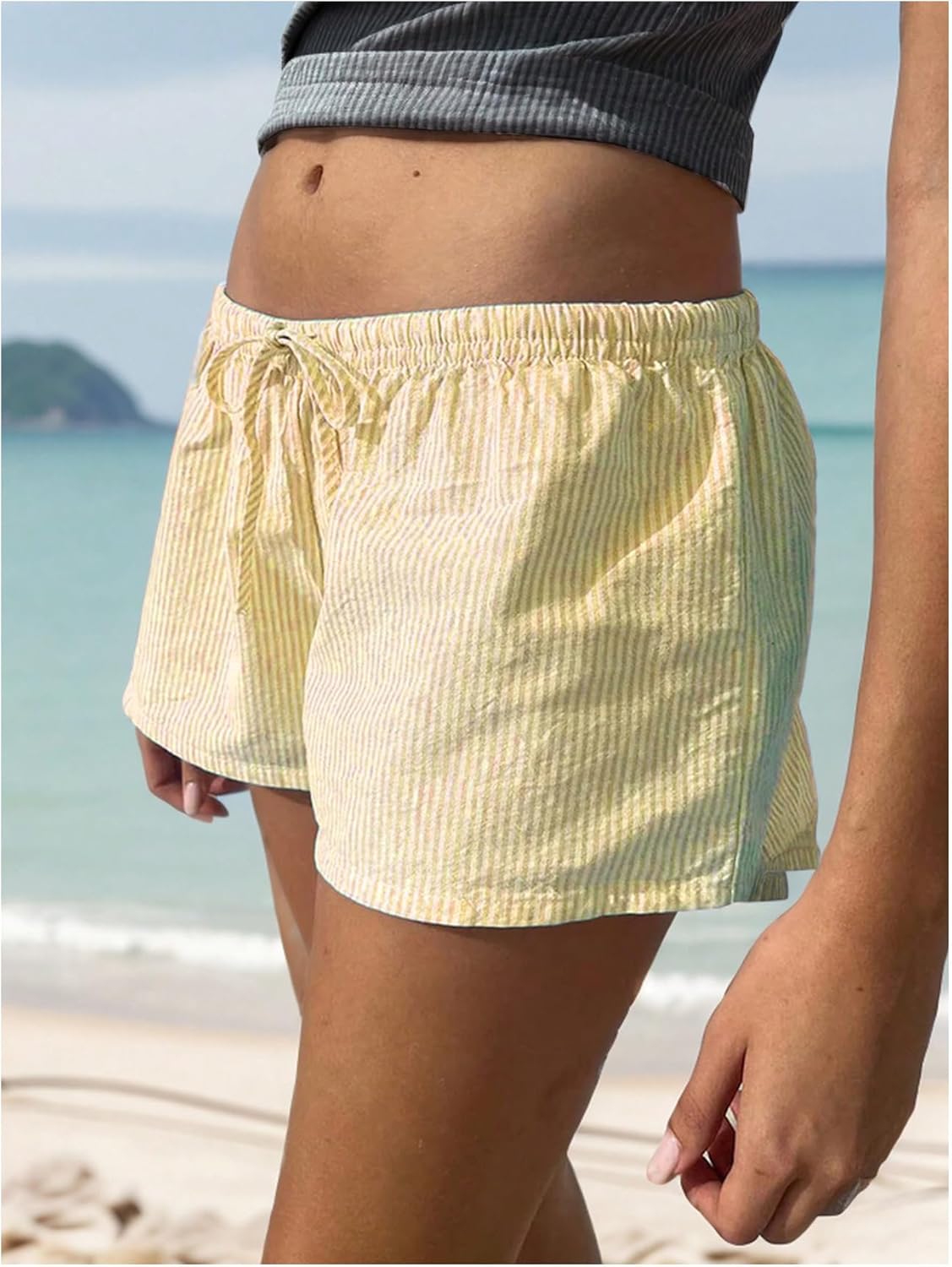Women's Striped Shorts Print Drawstring Elastic Waist Shorts Casual Wide Leg Low Rise Summer Boxer Shorts - Image 2