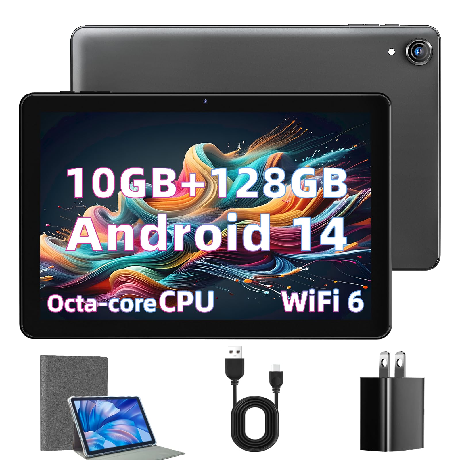 Tablet 10 inch, Android 14 Tablet, 10GB RAM+128GB ROM(1TB Expand) Computer Tablets, Octa Core, 6000mAh Battery, 1280x800 IPS Touch Screen, 5MP+8MP Dual HD Camera, Bluetooth & WiFi