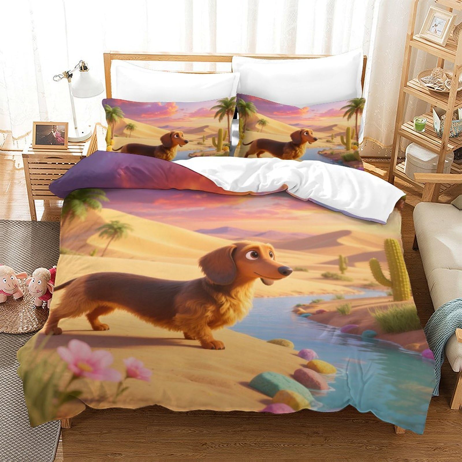 Parure de lit Teckel 3D en microfibre 200x200 cm avec 2 taies d'oreiller pour chambre enfant