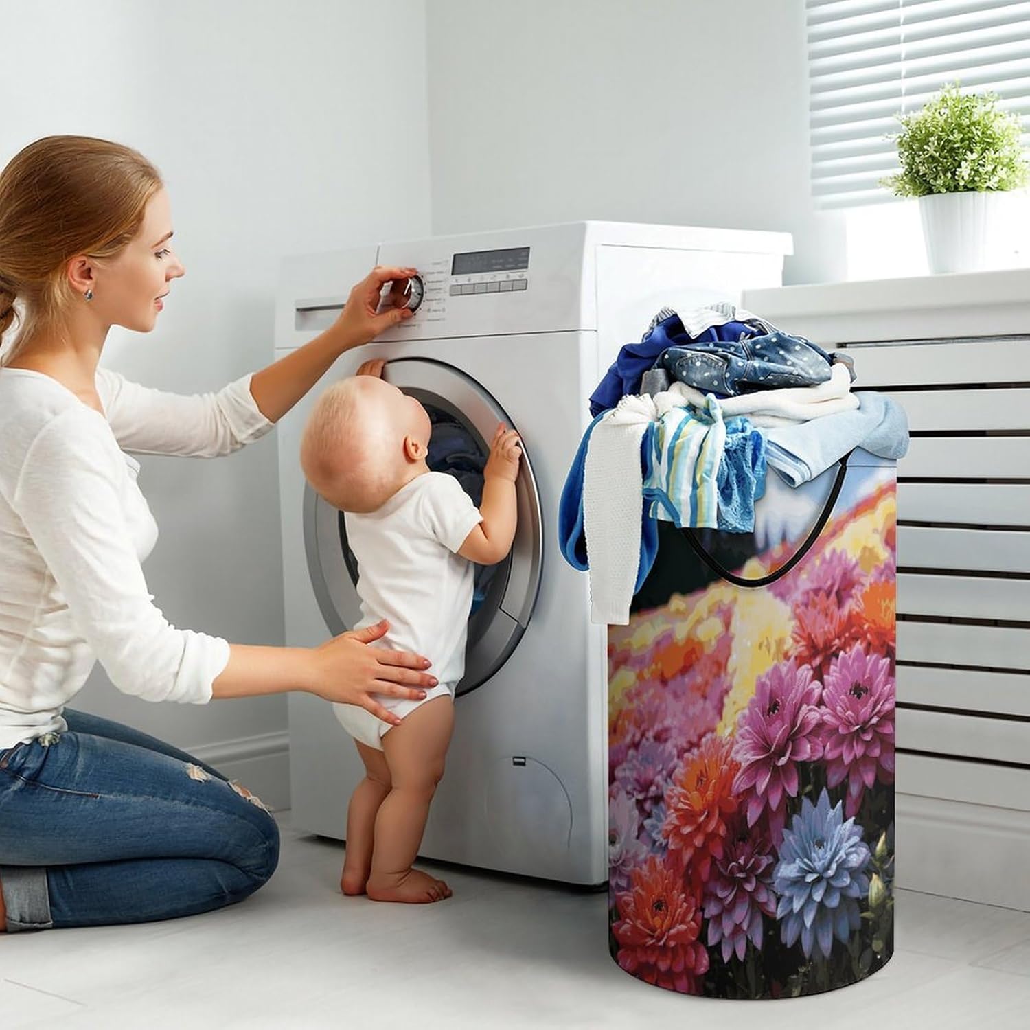 Rainbow Flower SeaLaundry Hamper - Large Dirty Clothes Bag.Storage Basket for Easy Carry Handles. Large Clothes Basket with Handles, Clothing Storage Bucket Toy Organizer for Bathroom Bedroom Dorm.