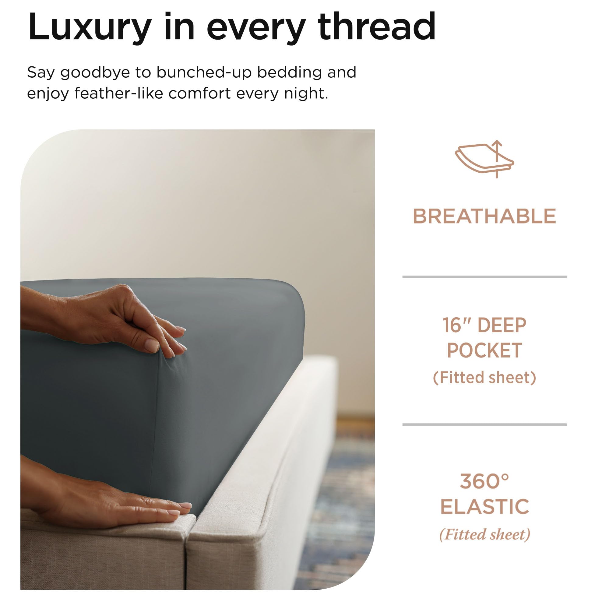 Threadmill Home Linen 600 Thread Count 100% Cotton Sheets, Dark Grey California King Size Sheets 4 Piece Sateen Bed Sheet Set - Image 3