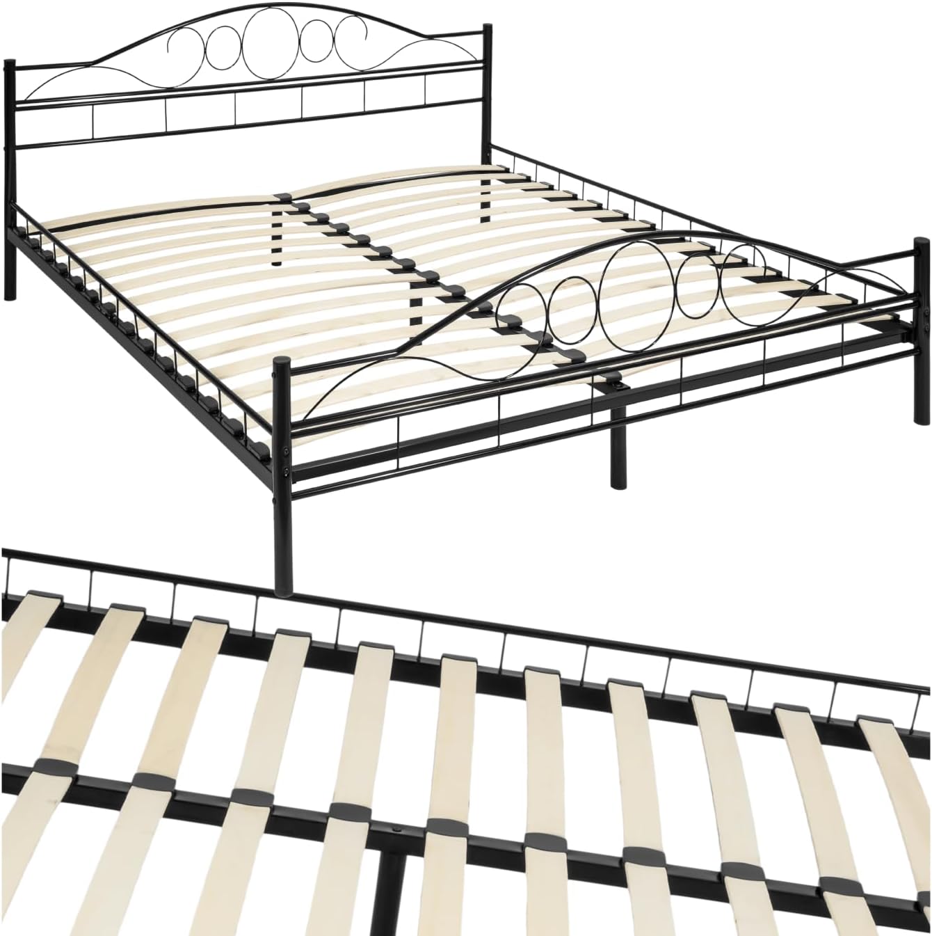 TecTakeยฎ Double Bed Frame with Integrated Slatted Base & Elegant Design, Metal Bed Frame in Powder-Coated Steel, Scratch-Resistant & Floor-Protecting Bed Base, Easy Assembly, Black - 180 x 200 cm