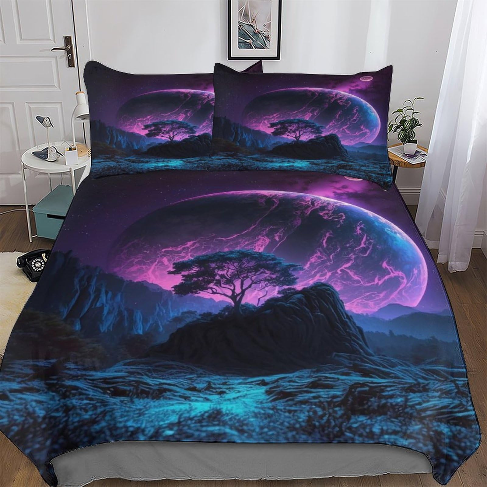 Housse de couette planète néon 3 pièces en microfibre 200x200cm pour lit enfant