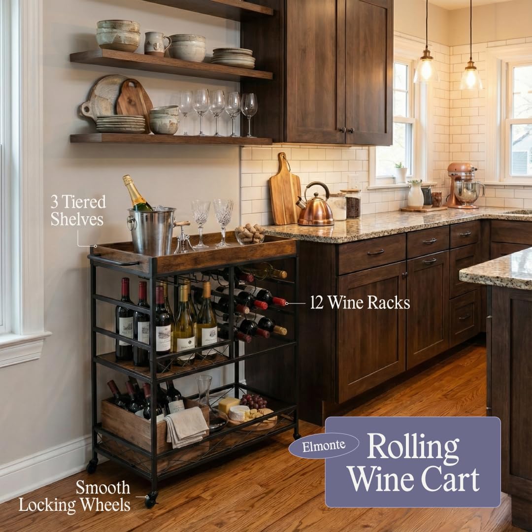 Elmonte Wine & Bar Cart with Wheels – 3-Tier Rolling Cart with 12-Bottle Rack & Glass Holder, Stable Industrial Metal & Wood Serving Cart for Kitchen, Coffee Station & Small Spaces