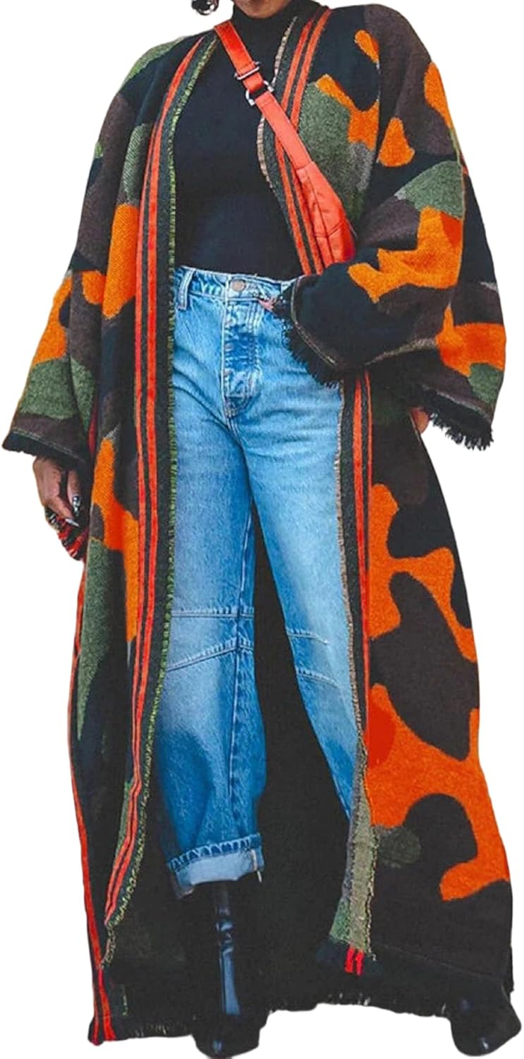 NRTHYE Women Camo Long Cardigan Camouflage Open Front Shawl Sweater Oversized Fringed Hem Maxi Knit Cardigans Outwear