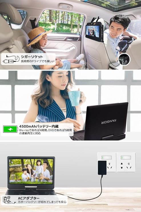 FANGOR Portable Blu-ray Player 12.5 10.1 inch Rotating Screen HDMI Output CPRM Earphone Jack Input/AV Input Output 3 Power Supply Options Instruction Manual Included