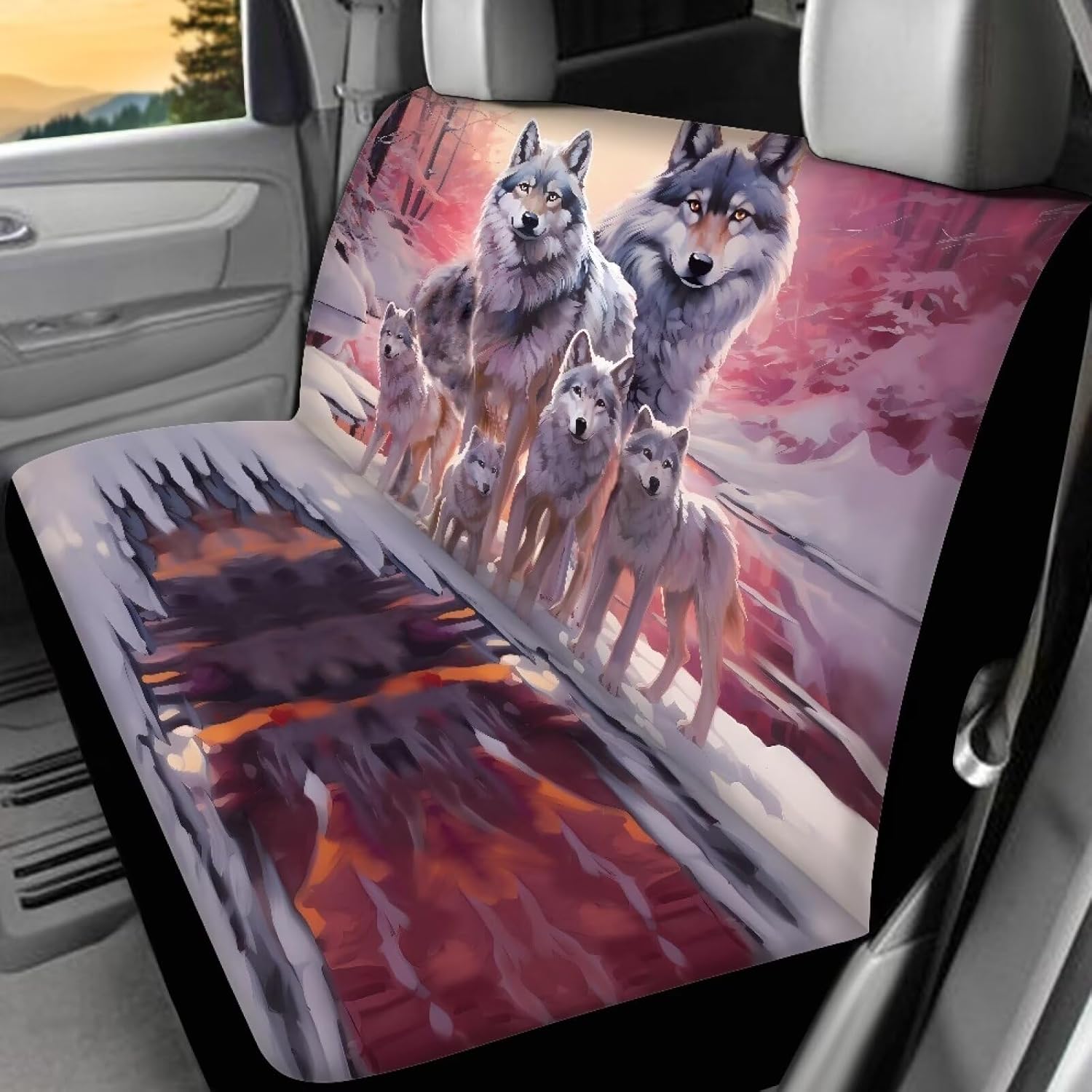 Wolf Print 4Pcs Car Seat Cover Vehicle Front and Rear Bench Back Seat Cover Full Set Fits for SUV Truck Van Sedan Auto Interior Accessories